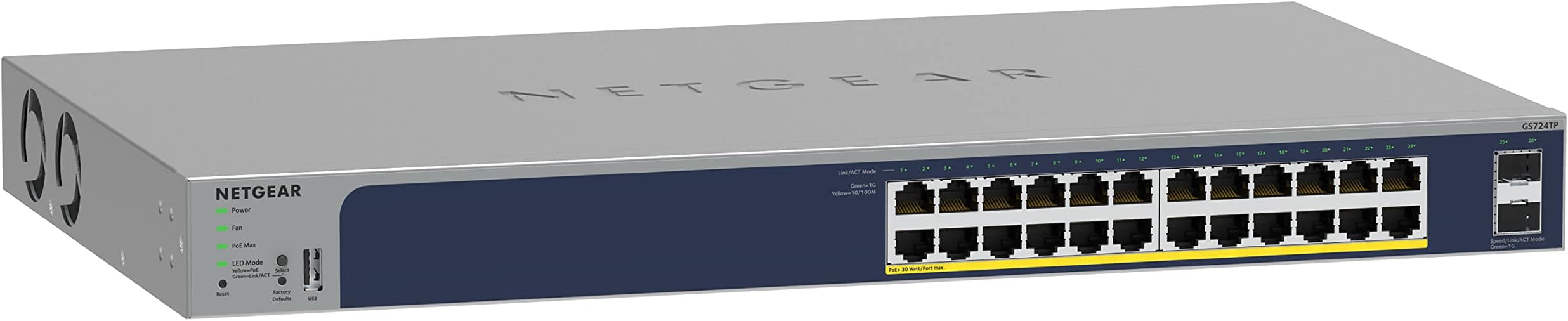 24-Port Gigabit Ethernet Smart Managed Pro PoE Network Switch (GS724TP) - Hub with 24 x PoE+ @ 190W, 2 x 1G SFP, Desktop/Rackmount, and ProSAFE Protection
