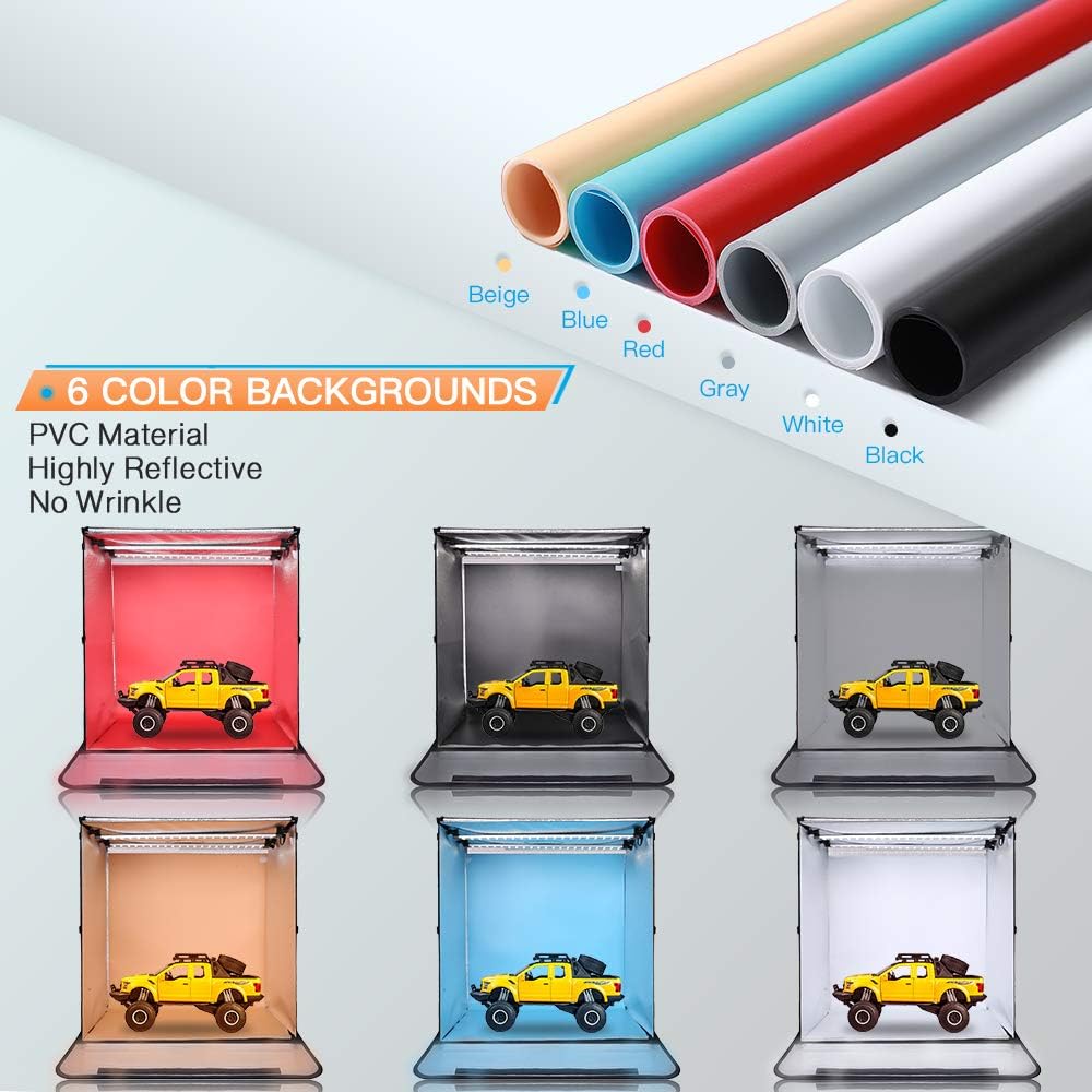Review Product FOSITAN Photo Box, 24''x24''x24'' Portable Photo Studio Professional Light Box 126 LED Brightness Dimmable Shooting Tent with 6 PVC Backdrops for Product Advertising Like Jewellery, Food, Bags, Shoes