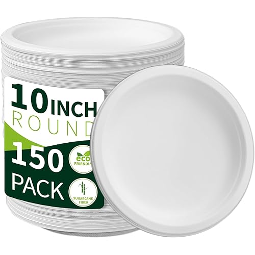 10 Inch Compostable Paper Plates【White 150 Pack】, 100% Sugarcane Bagasse Large Disposable Plates, Sturdy Heavy Duty, Biodegradable Dinnerware for Party, BBQ, Picnic, Catering