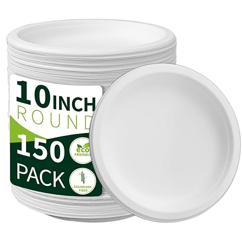 10 Inch Compostable Paper Plates【White 150 Pack】, 100% Sugarcane Bagasse