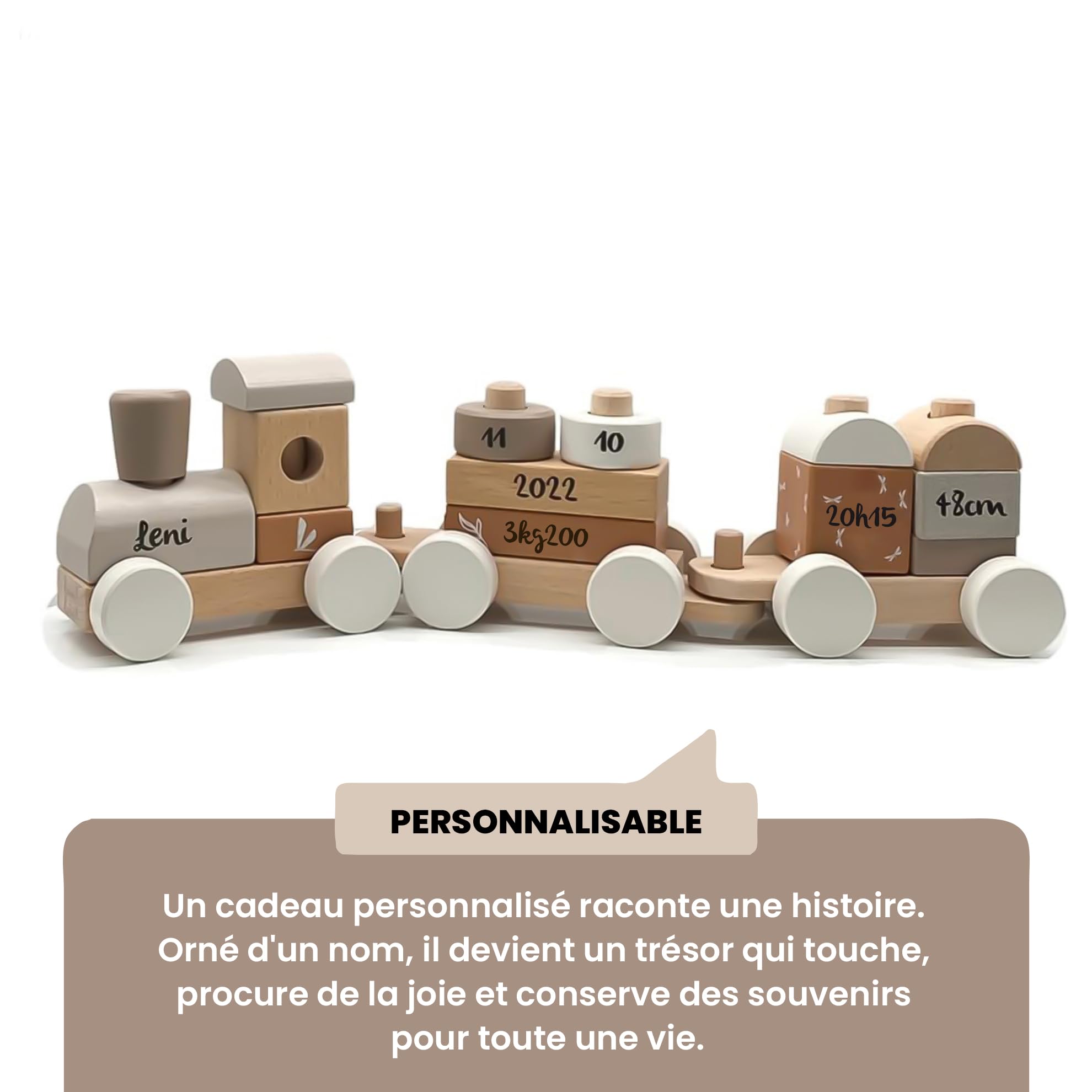 Personnalisable Train d’empilage en Bois (Nougat) – 14 pièces & hêtre FSC – motricité Fine & Formes – pour Enfants dès 18 Mois – personnalisé avec prénom & données de Naissance – Label Label