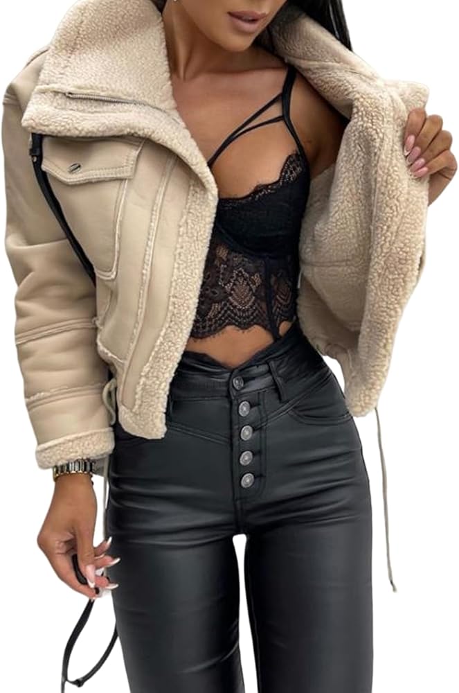 Amazon.com: Womens Moto Bomber Jacket Faux Shearing Sherpa-Lined