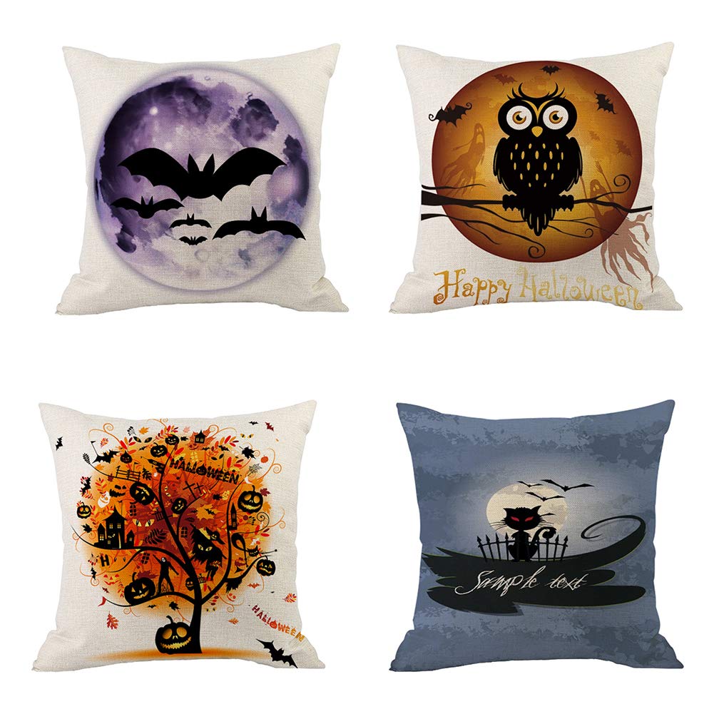 Housse de coussin Halloween en lin coton lot de 4 pour décoration maison 45x45 cm
