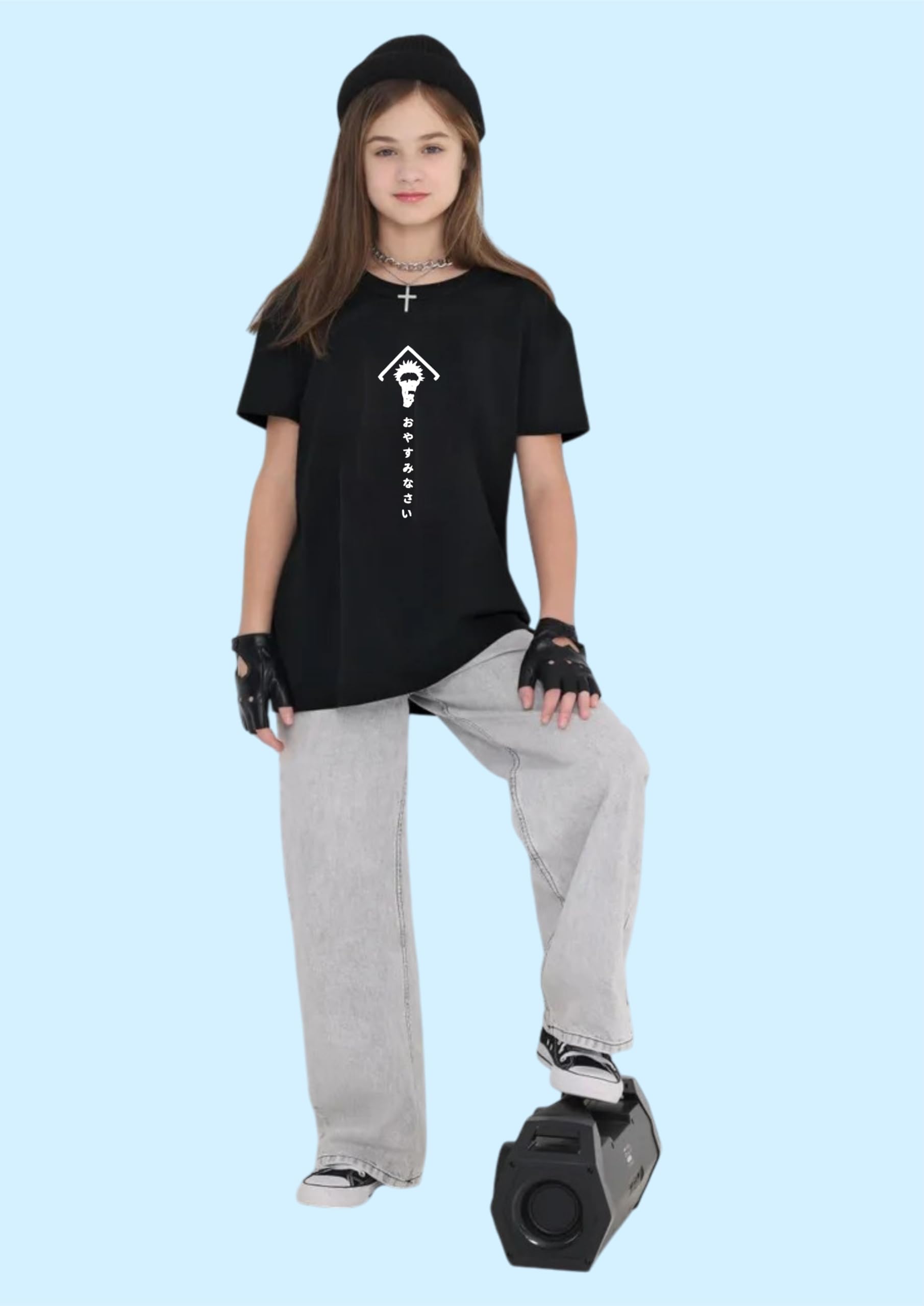 Uniplanet Store® Camiseta negra de mezcla de algodón con media manga, ajuste regular, estampado de anime Jujutsu, para niñas