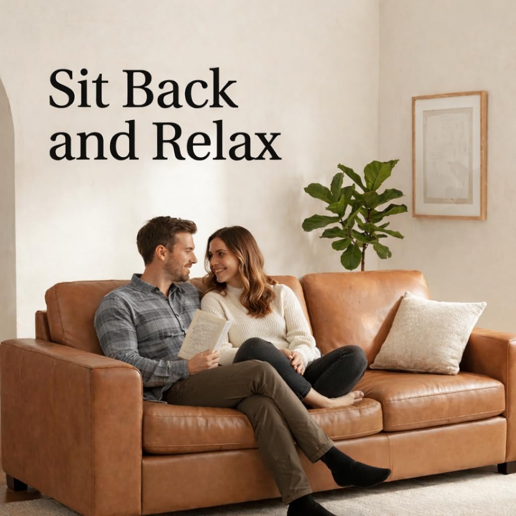 Naomi Home Genuine Leather Couch for Family Living Room – Luxury Sofa with Ergonomic Backrest, Square Arms, Solid Wood Frame, Strong Weight Capacity & Removable Cushions – Premium Genuine Leather Sofa