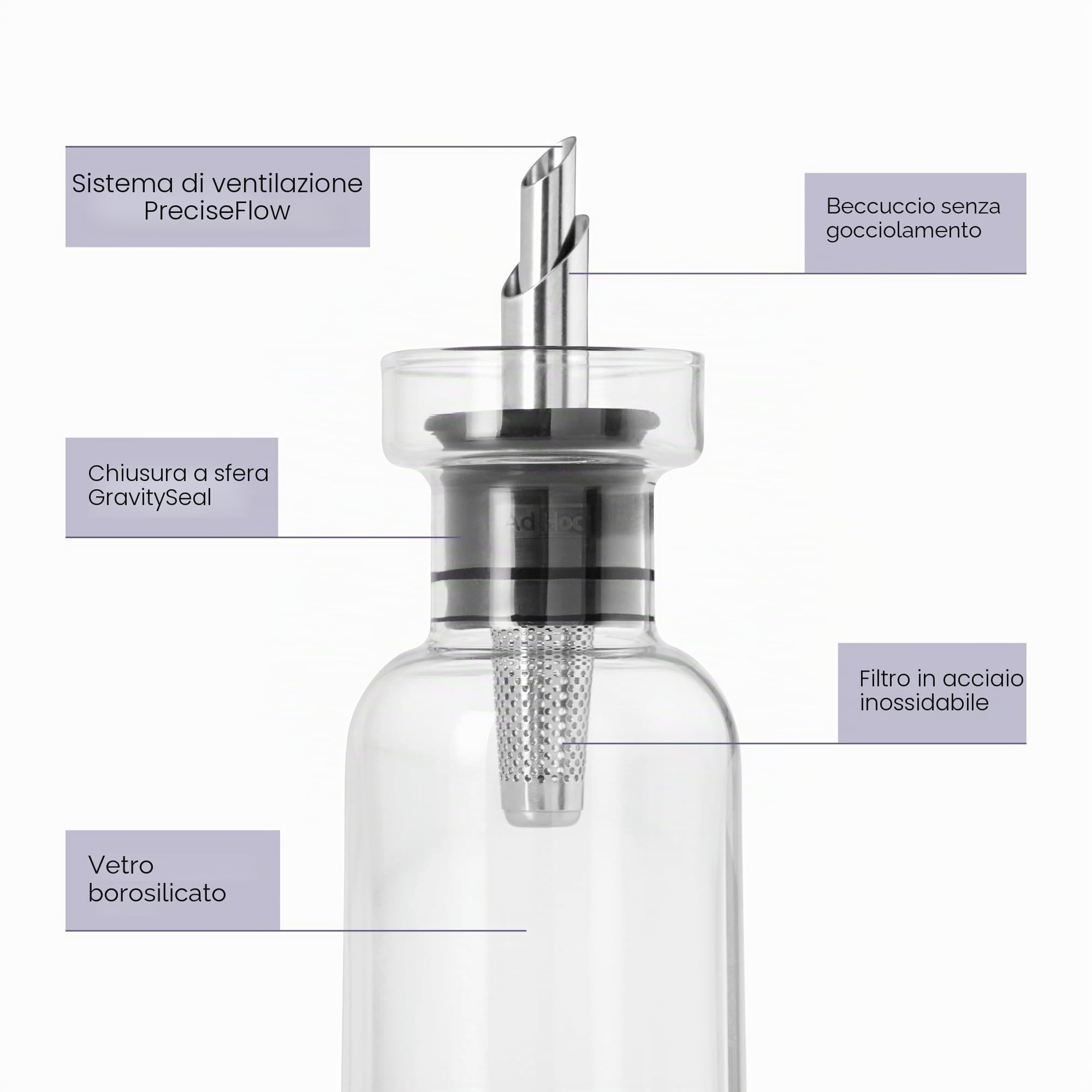 AdHoc AromaPour - Bottiglia in vetro per olio e aceto, 300 ml, dosatore filtrato antigoccia, per olio e aceto, lavabile in lavastoviglie,