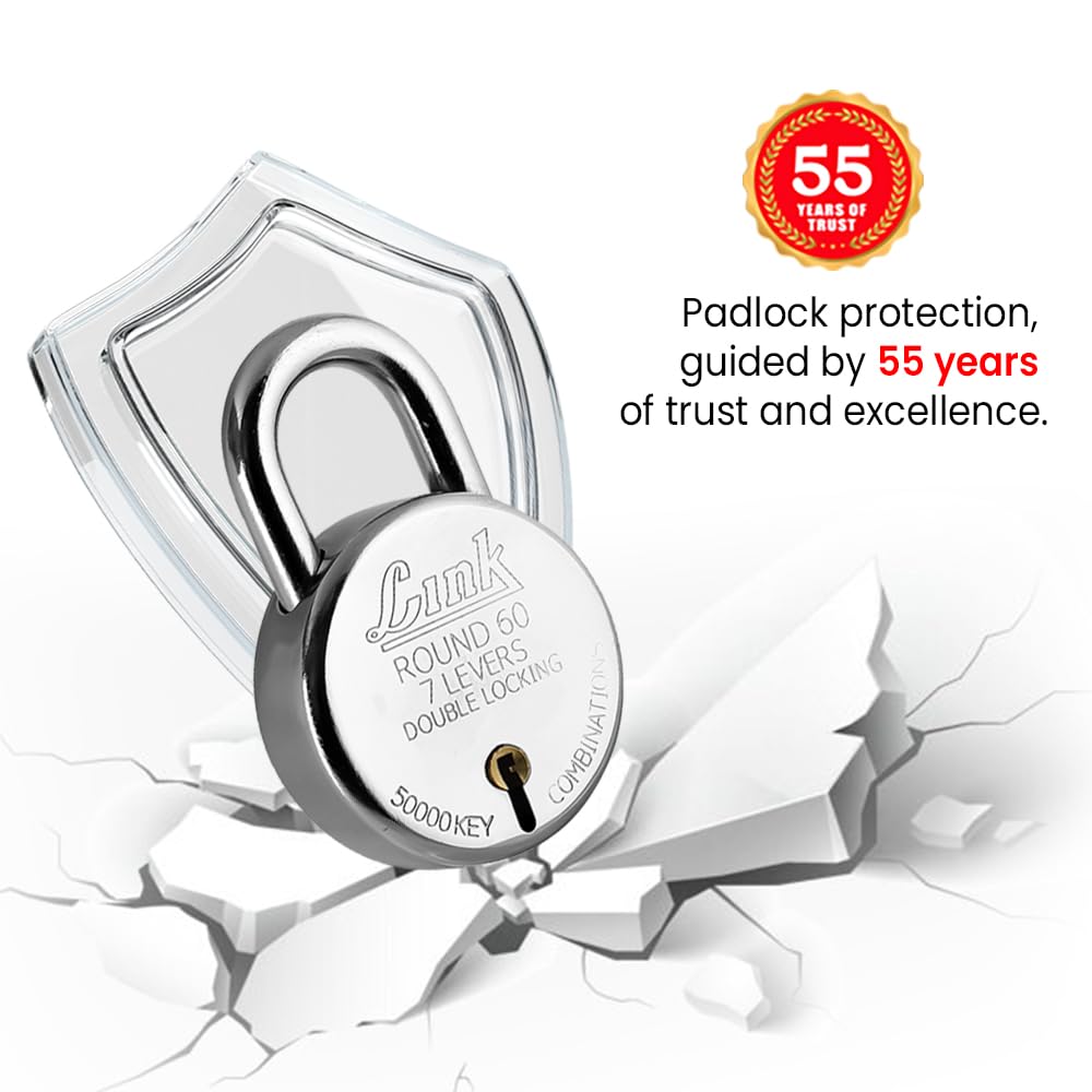 Link New Round 60 MM Silver Steel Lock with 3 Keys | Lock and Keys | Door Lock | Padlock for Home, Office, Shop — Amazon image 2