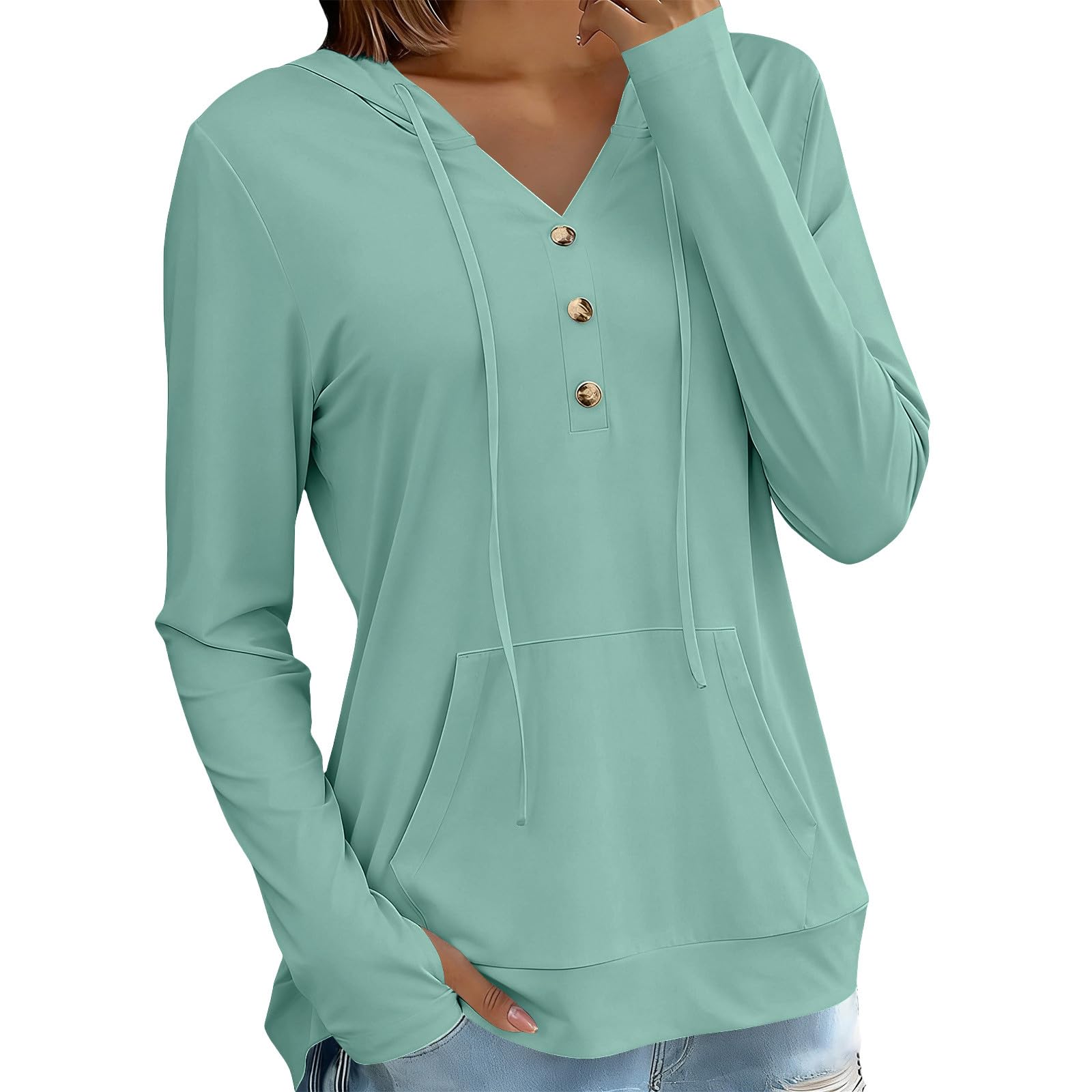 Sonnenschutz Hoodie Damen Sommer Dünne Sweatshirt mit Kapuze Knöpfe V-Ausschnitt Kapuzenpullover Schnelltrocknend Langarmshirt Locker Hoody Oberteile Leichte Langarm Sportshirt Casual Strand Top