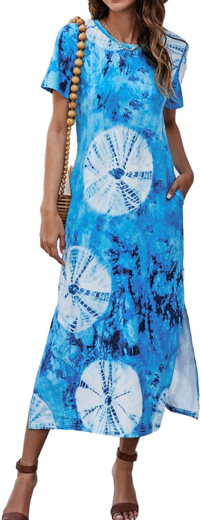 Women's Short Sleeve Split Maxi Dress Casual Plain Tie Dye Print Tshirt Long Dresses with Pockets