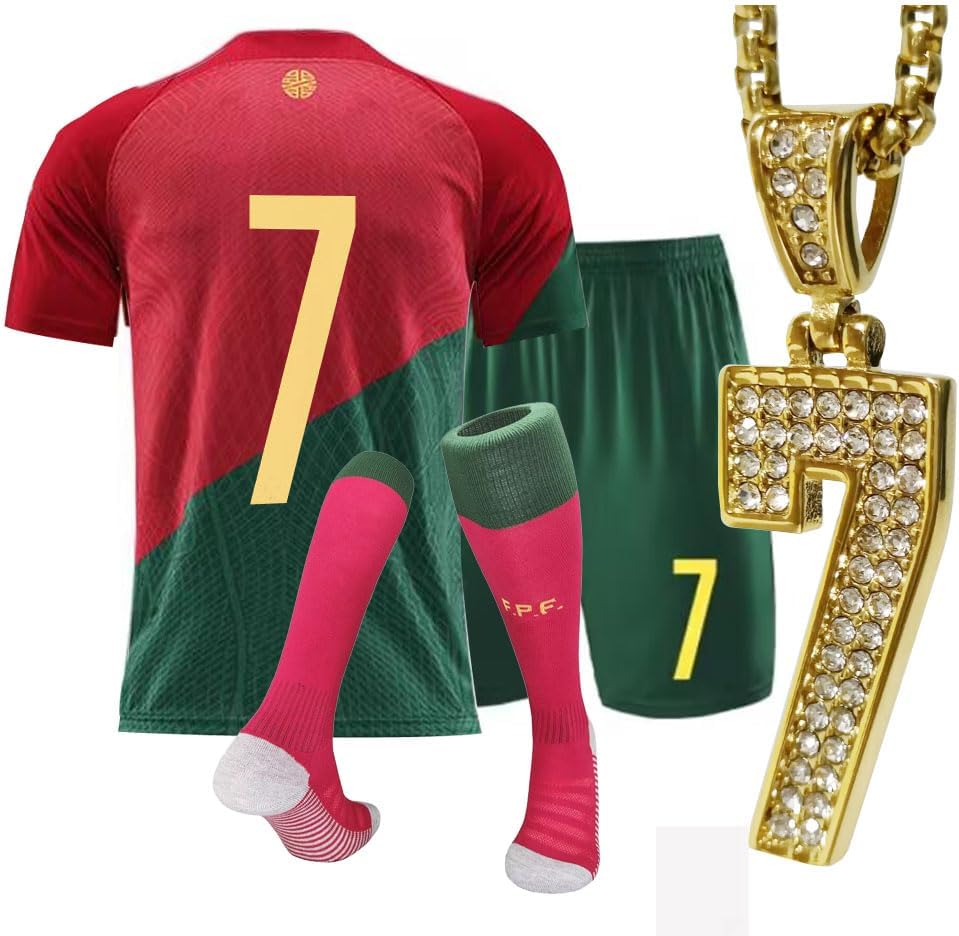 URAISEUSBoy's soccer jersey kids children's sportswear youth football uniforms with socks and #7 necklaces