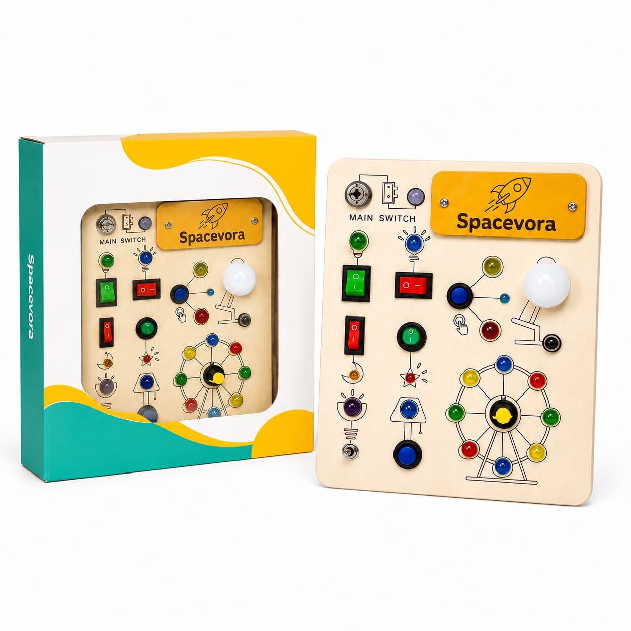 LED Busy Board for Toddlers Age 3+, Wooden Sensory Activity Board with Light Switches, Buttons, Keys and Interactive Learning Toy for Fine Motor Skills