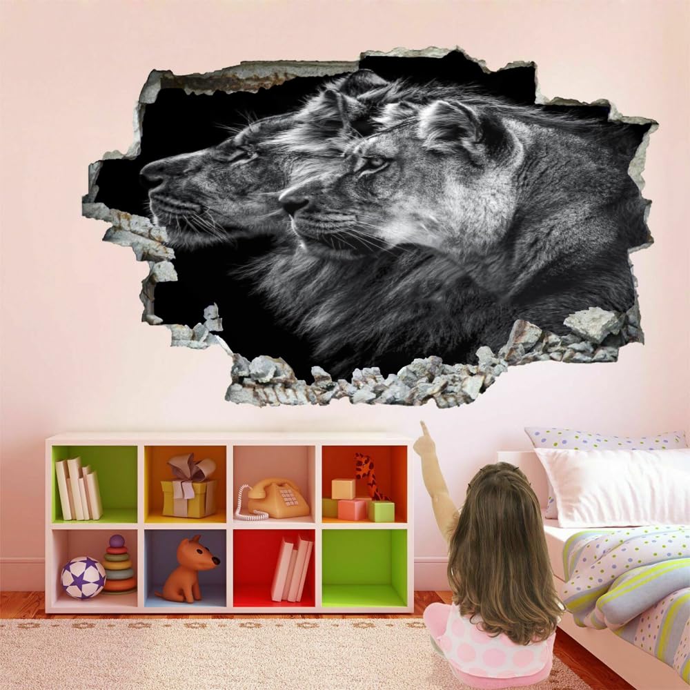 Vinilos Decorativos 3D Rotos León Tatuaje De Pared Vinilo Extraíble Decoración Del Hogar Animales En Blanco Y Negro Calcomanías Para Bebé Guardería Niña Niño Habitación Decoración De Pared 120x80cm