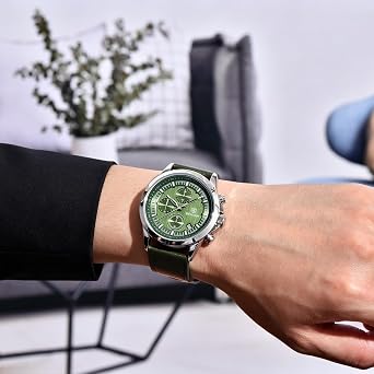BENYAR Men's Watch Analog Quartz Chronograph Waterproof Men Fashion Business Casual Sport Dress Watch with Calendar Stainless Steel Leather Strap Elegant Gift, green