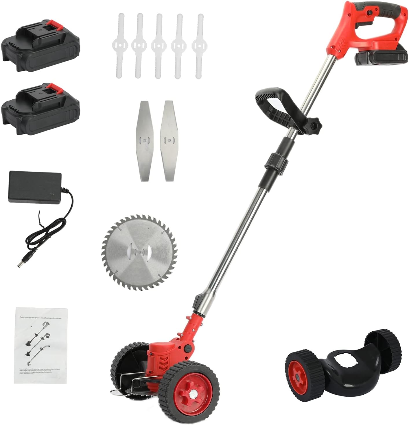 Cordless Weed Wacker, 24V Lawn Mower Grass Edger with 3 Replaceable Blades, 2 x 2.0Ah Batteries & Charger, Telescopic Pole, 90°Adjustable Head,Lawn Trimmer for Yard and Parks Red