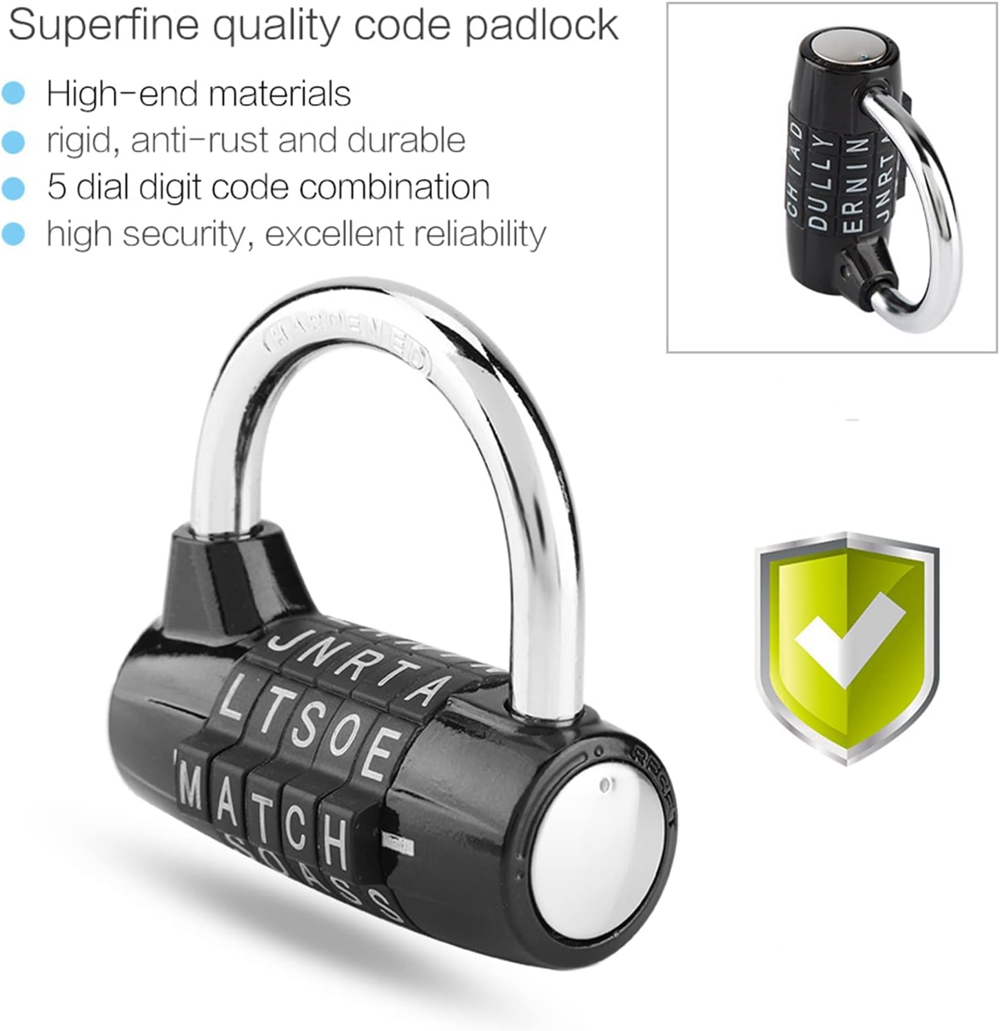 Dioche 5-Letter Word Combination Padlock highlighting its quality features: high-end materials, rigid, anti-rust, durable, 5-dial digit code combination, high security, and excellent reliability.