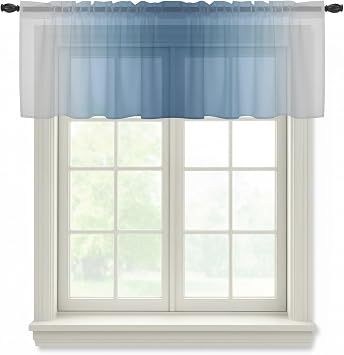 Gradient Sea Blue Gray Sheer Valance Curtains for Kitchen Living Room Decor, Pure Color Modern Minimalist Semi Sheer Curtain Voile Valance Rod Pocket Window Treatment Short Curtain Panel 60"W x 18"L