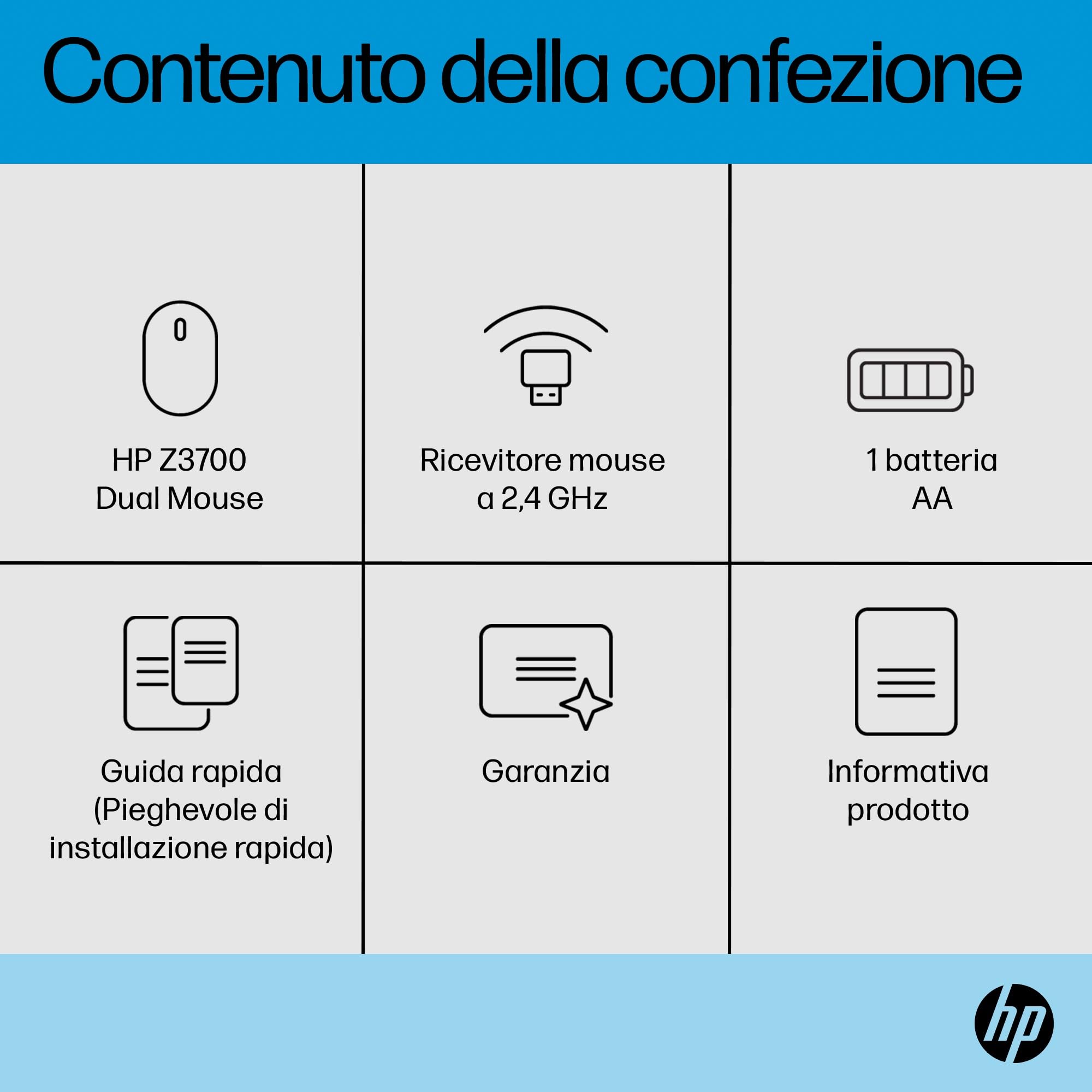 HP Z3700 Mouse Wireless 1200 DPI LED Blue 3 Pulsanti Ricevitore USB 2.4 GHz Nero