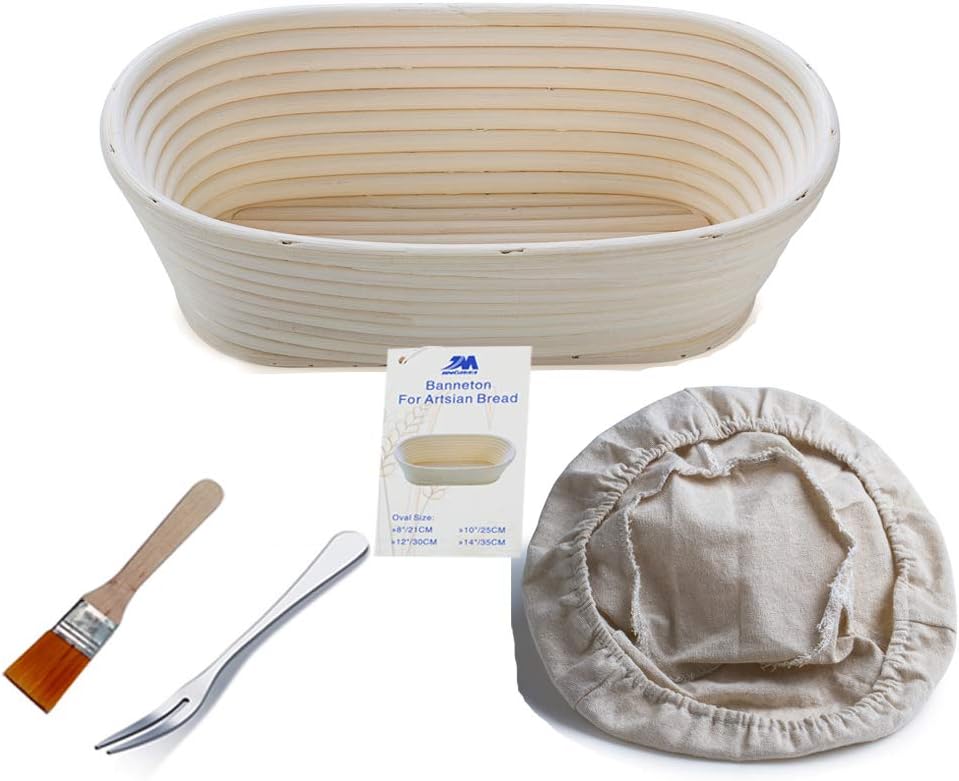 Banneton Proofing Basket 10" Oval Banneton Brotform for Bread and Dough [FREE BRUSH] Proofing Rising Rattan Bowl + FREE LINER + FREE BREAD FORK (750g dough)
