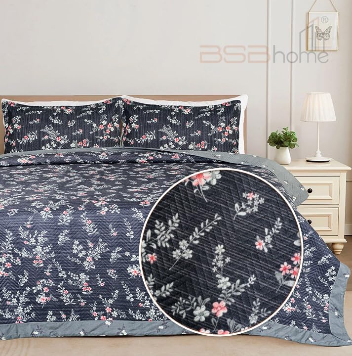 Image of Amazon Brand - Umi 100% Cotton Quilted /Ultrasonic 280 Tc Printed King Size Bed Cover /Bedsheet /Bedspread Comforter with 2 Pillow Shams /Cover, (Luxurious, 90 x100 inches, Blue & Grey)