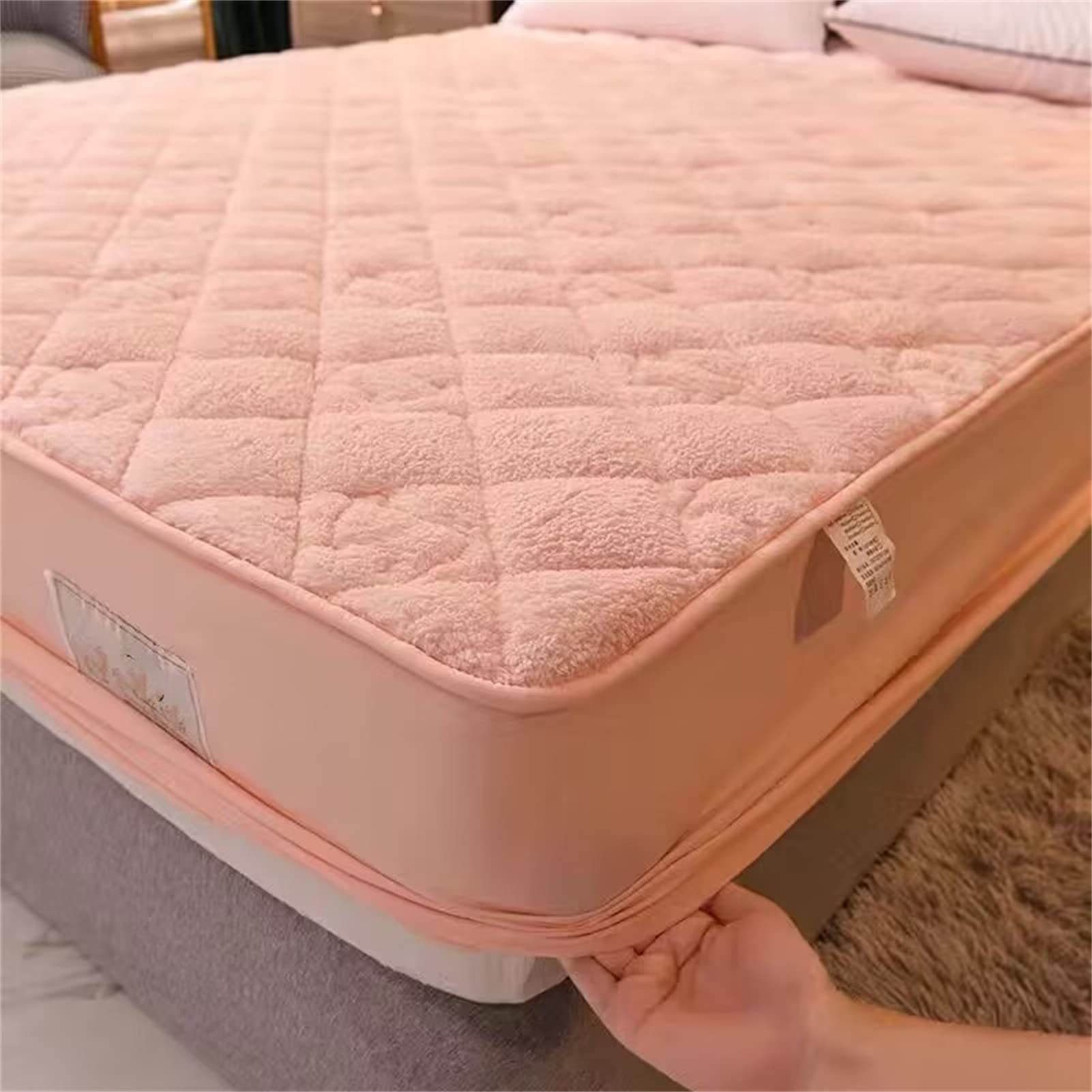 Cachemira Protector Colchón, Protector de colchón Acolchado con Triple Relleno, Funda Colchon de Rizo Transpirable y Hipoalergénico, Antiácaros (Rosa,Grueso 150x190cm)