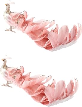 Faux Peacock Ornaments, Glitter Peacock Christmas Decor, Elegant Pink Peacock Christmas Tree Decor with Long Tail can Stand Alone, Peacock Decor for Home Party Ornaments 2pcs