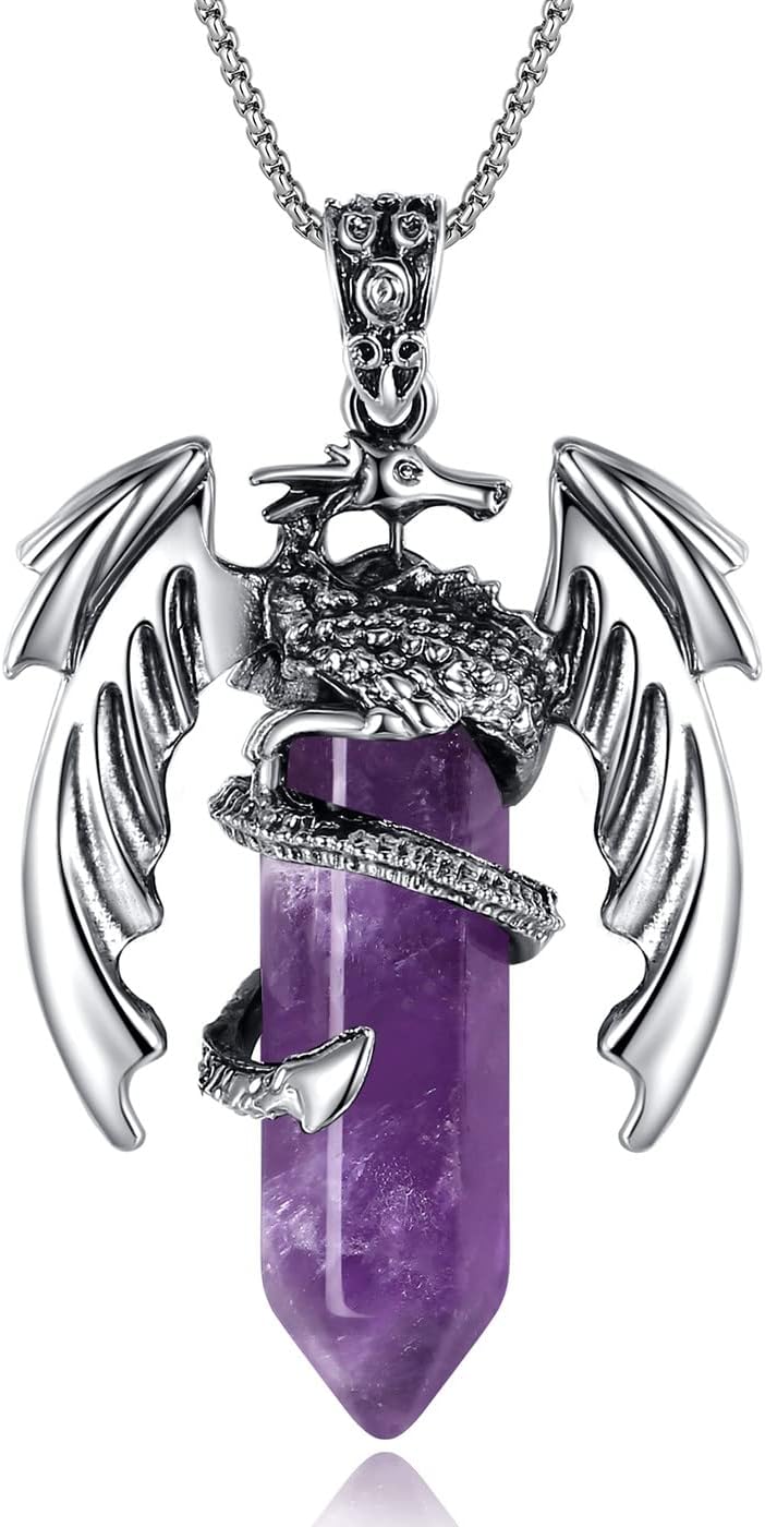 XIANNVXI Crystal Healing Stone Necklace for Men Women Amethyst Vintage Dragon Necklace Cool Simple Retro Natural Reiki Spirtural Witch Gemstone Pendant Jewelry