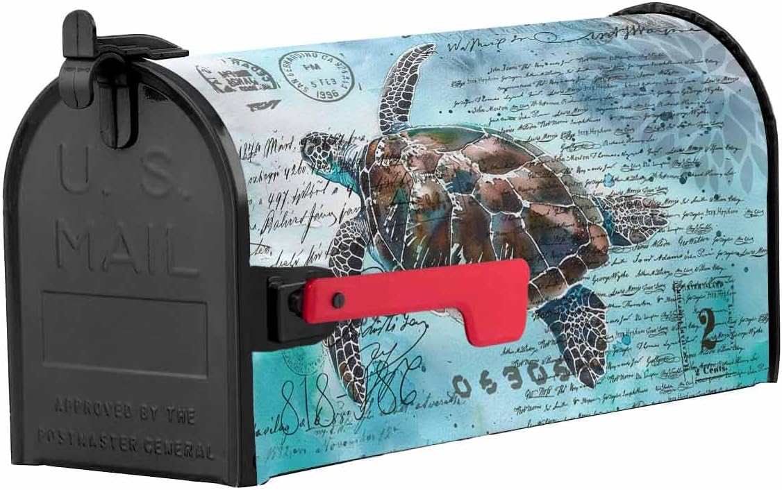 Ocean Turtle Mailbox Covers Magnetic Standard Size,Decorative Post Letter Numbers Box Wrap Decoration Covers Large Accessories for Garden Décor Vintage Coastal Nautical Aquatic Animals Turquoise