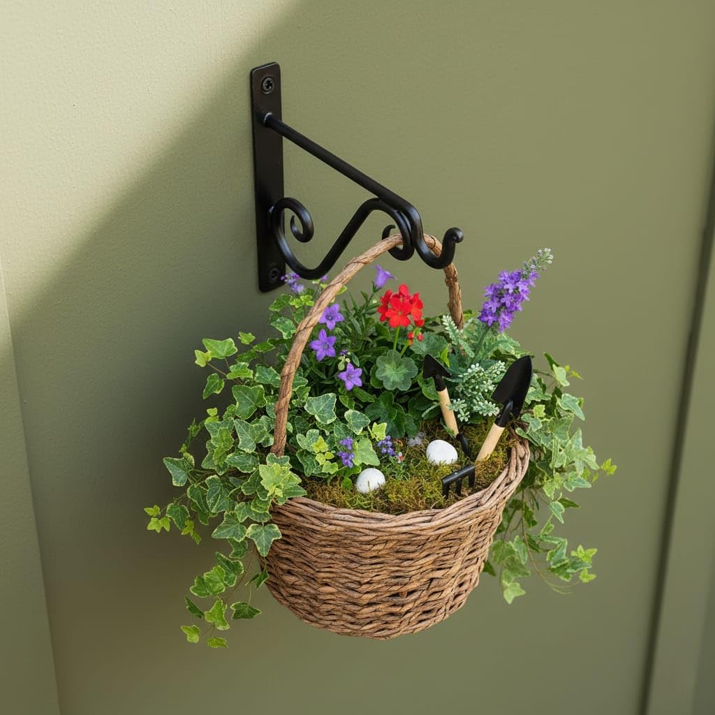 Hand Forged Metal Plant Hanger Bracket Outdoor Modern Farmhouse Hanging Shepherds Hook for Bird Feeders Lanterns and Flower Baskets Farmhouse Heavy Duty Garden Plant Hanger Black Powder Coated