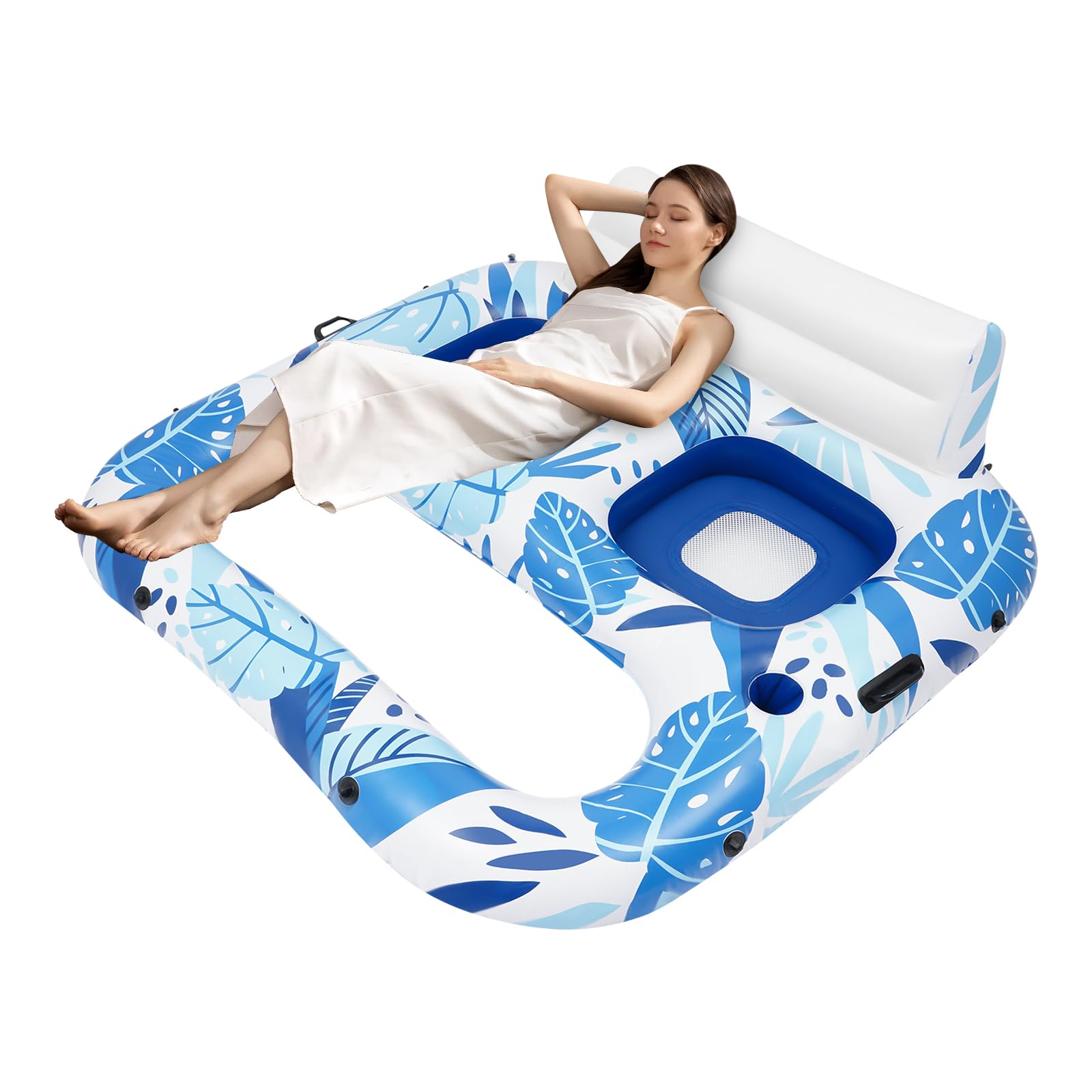 Sillón de piscina hinchable para 2 personas, colchón de aire de vacaciones para adultos con red, silla de piscina grande, tumbona de agua con soporte para bebidas y asa, azul cielo, 165 x 152 x 55 cm