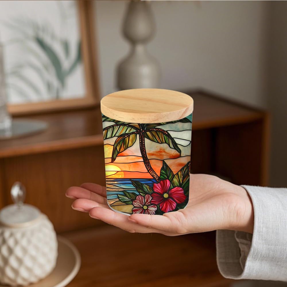 Photophore en verre teinté pour décoration de la maison, bougeoirs en forme de fleurs avec couvercle en bambou, palmiers pour Thanksgiving, Noël, anniversaire