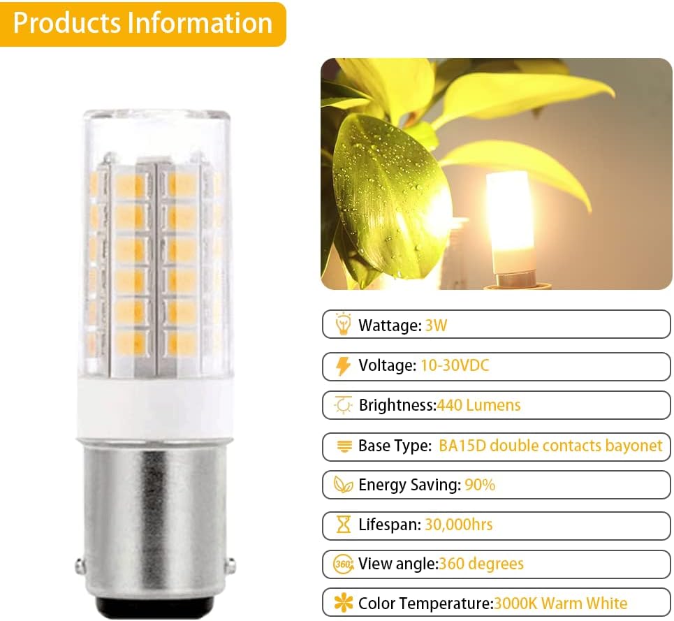 Cheopha 1142 1004 1076 LED Bulb Warm White Replacement BA15D 3W 10-30VDC for RV Camper Trailer Motorhome Marine Navigation Boat Anchor Stern Lights 2 Contacts Bayonet Base Pack of 3