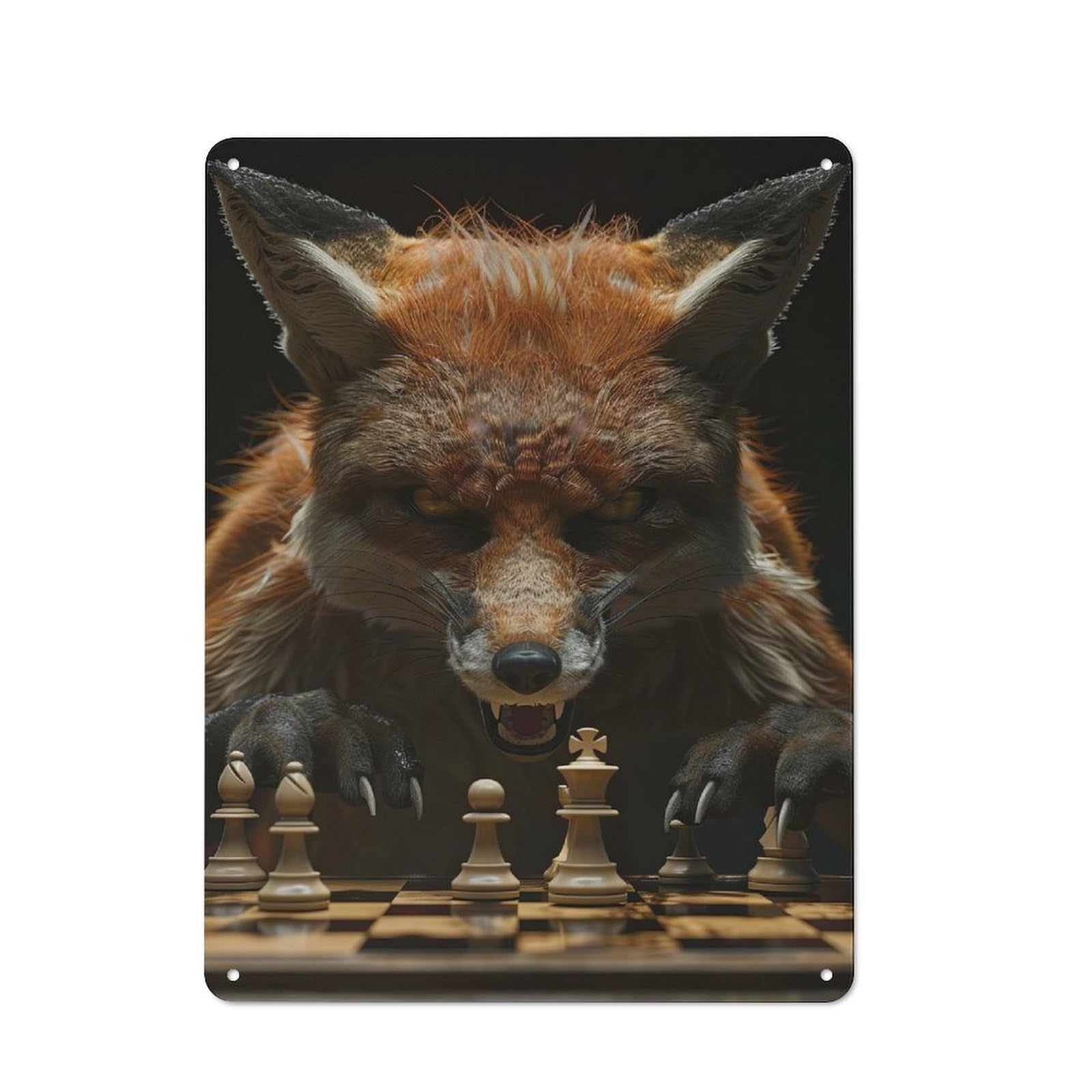 Fox Chess Vintage Metal Sign 40x30cm for Hobby Room Or Studio, Housewarming Present for People Styling Hobby Room And Studio