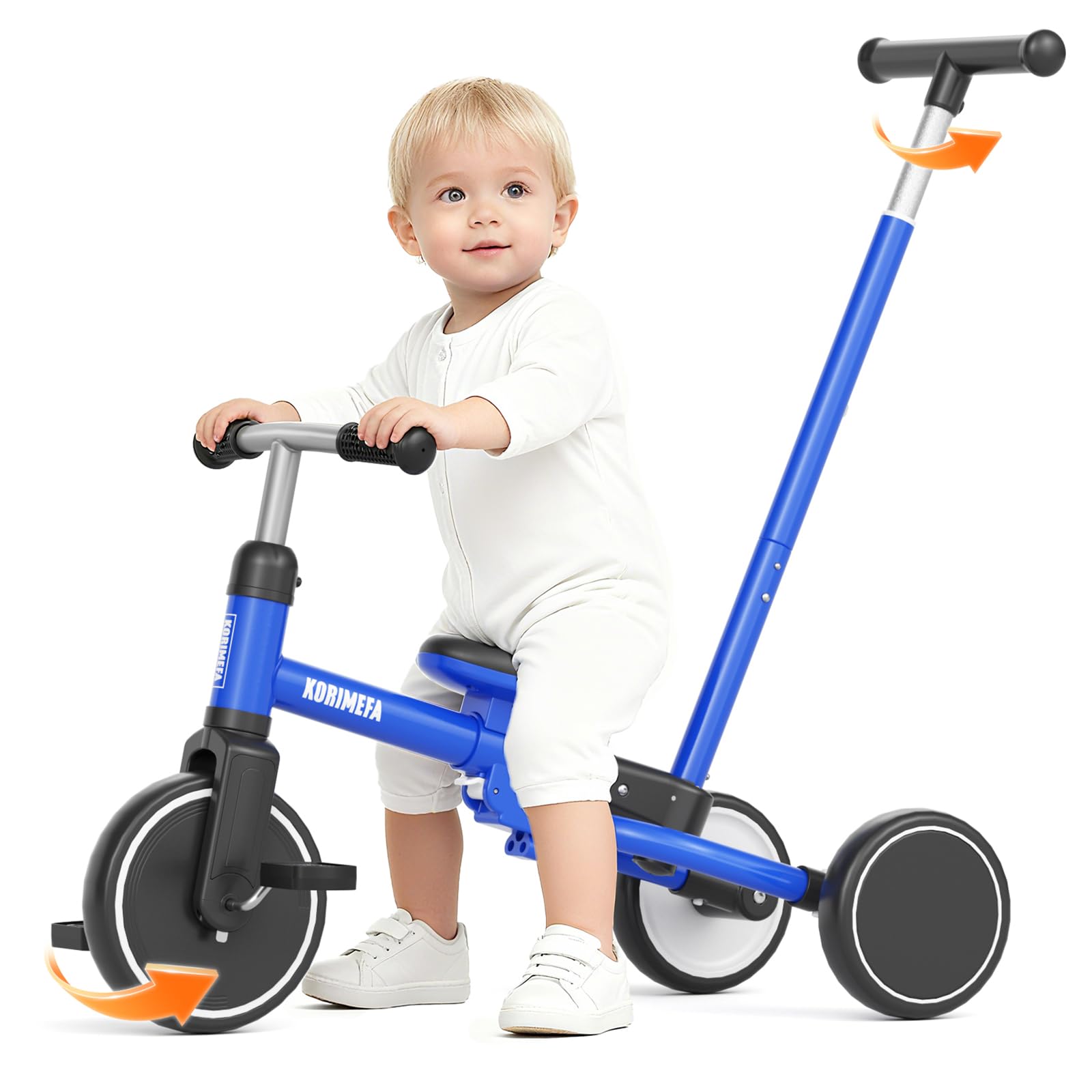 KORIMEFA Triciclo Bambini 1 anno con barra di spinta, triciclo per bambini 5 in 1 da 1 a 3 anni, sedile regolabile, pedali rimovibili, Bicicletta per Bimba e Bimbo (blu)