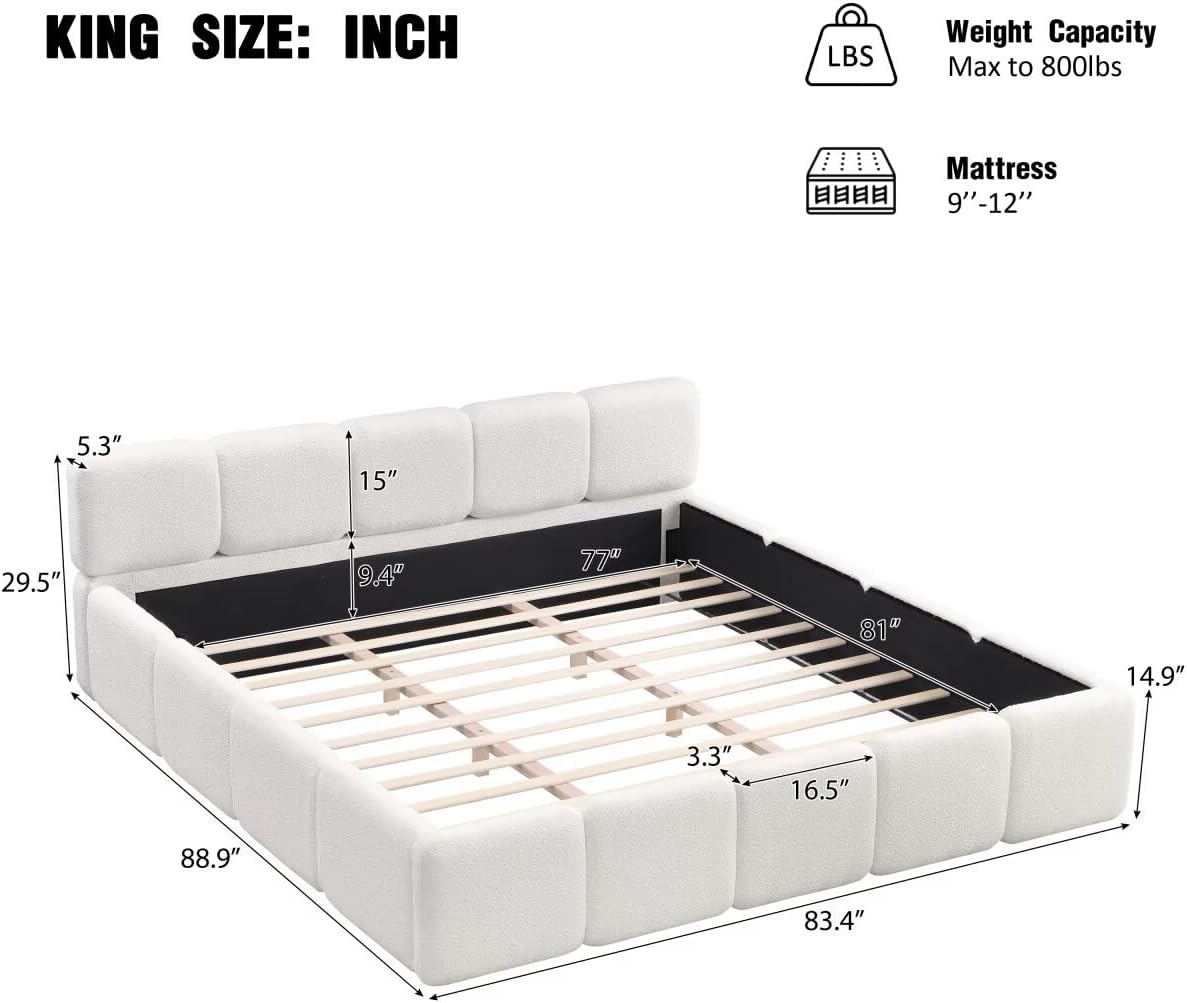 JIJIWANG King Size Platform Bed, Boucle Thick Headboard and Footboard, Upholstery Grounded Beds, Floor Bed Frame, Block Style, White