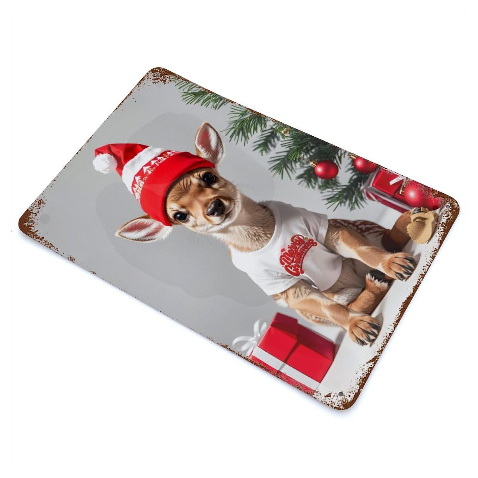 Rust Effect Tin Sign Cute Fawn Happy Christmas 11.8"x7.9", Vintage Wall Decor for Basement, Hobby Room And Garage Decor