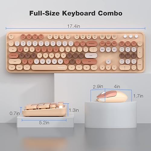 Miniatura 7 de KNOWSQT Colorido teclado inalámbrico y mouse, combo de té con leche, 104 teclas 2.4G con tapa redonda de 2.4 G, USB Dongle Plug and Play, para