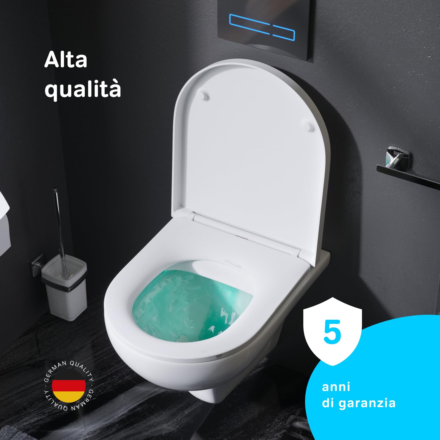 AM.PM Hit - WC sospeso senza bordo, sedile WC con abbassamento automatico, abbassamento automatico, WC sospeso senza bordo, in ceramica, con risciacquo profondo, FlashClean,