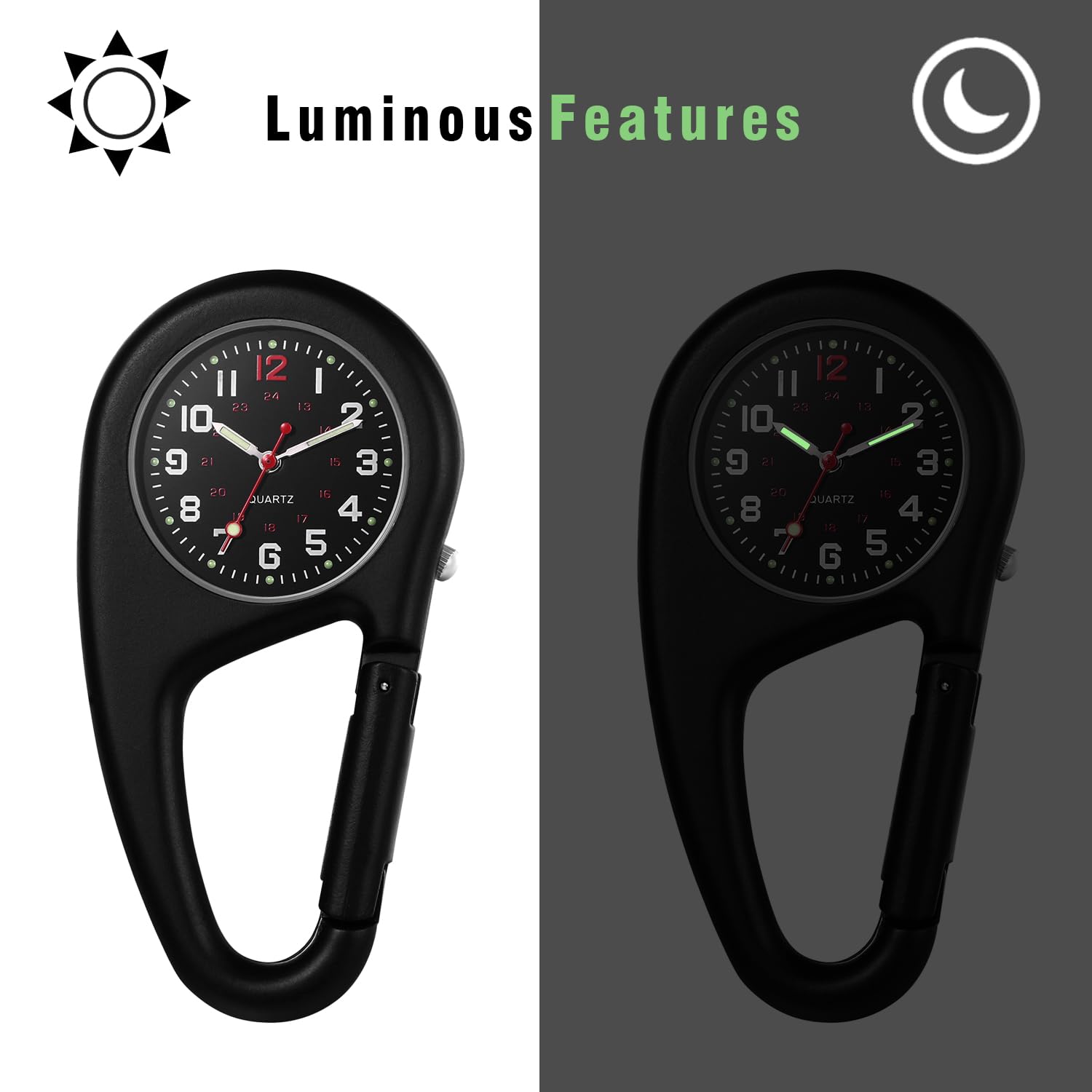 JewelryWe Montre à Mousqueton Analogique avec Aiguilles Lumineuses, 1ATM Etanche, Porte Clé pour Homme et Femme, Mince pour Sac à Dos, Idéal pour Activités Extérieures