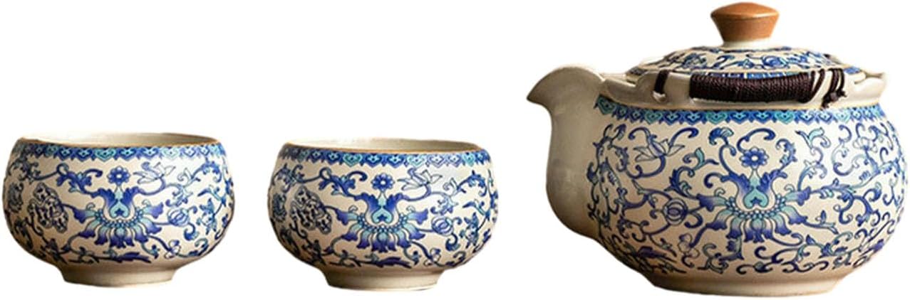 Ru kiln ceramic teapot tea maker, household blue and white entangled hand-held teapot - one pot and two cups [ box] -80ml-258ml