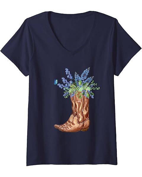 Womens Texas Bluebonnet Flower Cowgirl Rodeo Boots V-Neck T-Shirt