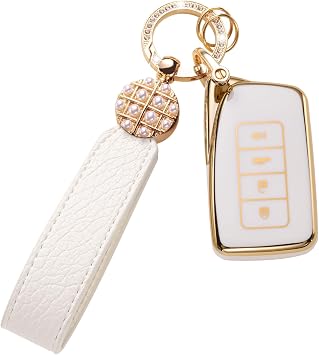 for Lexus Key Fob Cover with Leather Lanyard, Key Case Protection Shell Fit for Lexus RX ES GS LS NX RS GX LX RC LC Smart Key Holder, White