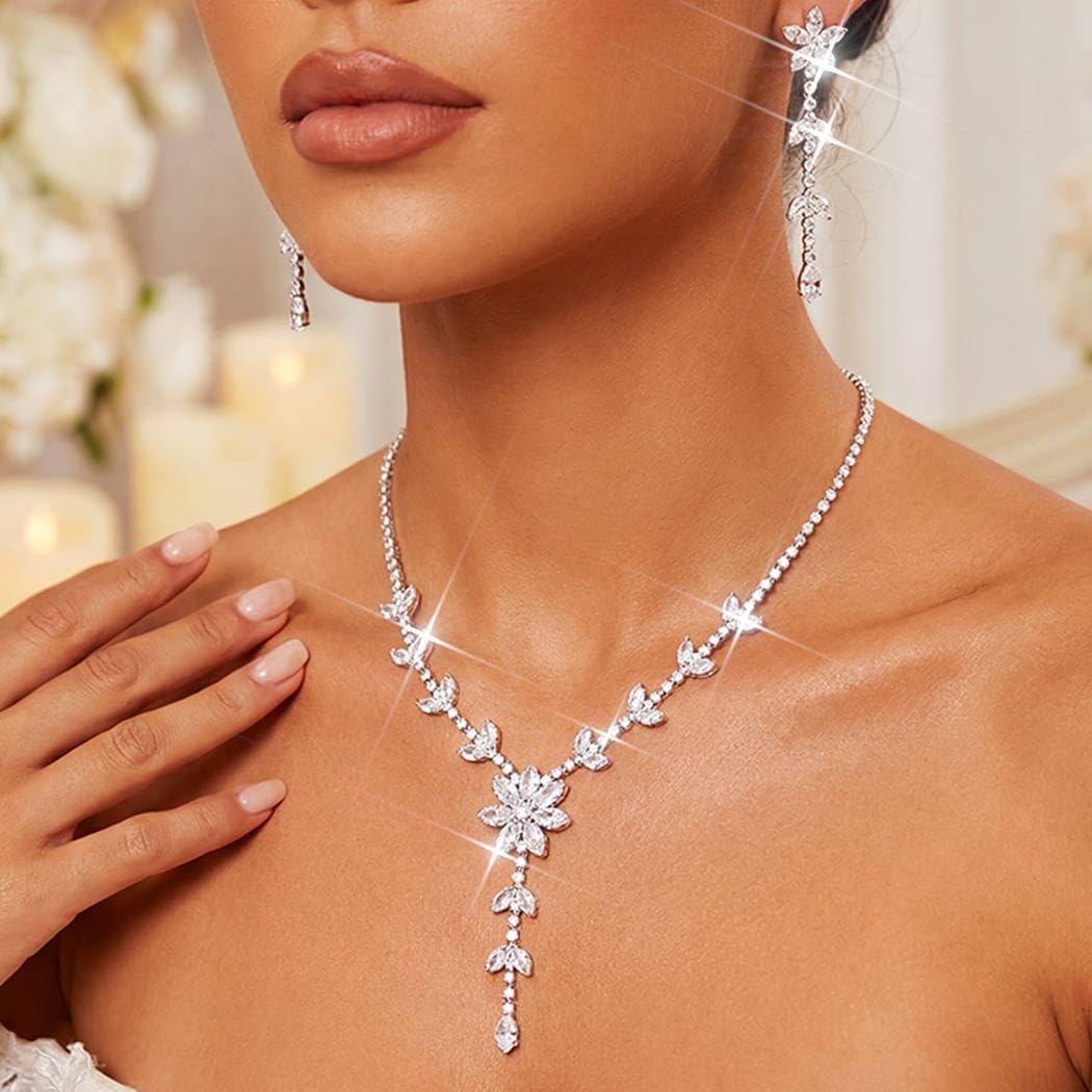 Aukmla Silver Wedding Jewelry Set Rhinstone Bridal Necklace Earrings Sets Prom Necklaces for Women - Image 3