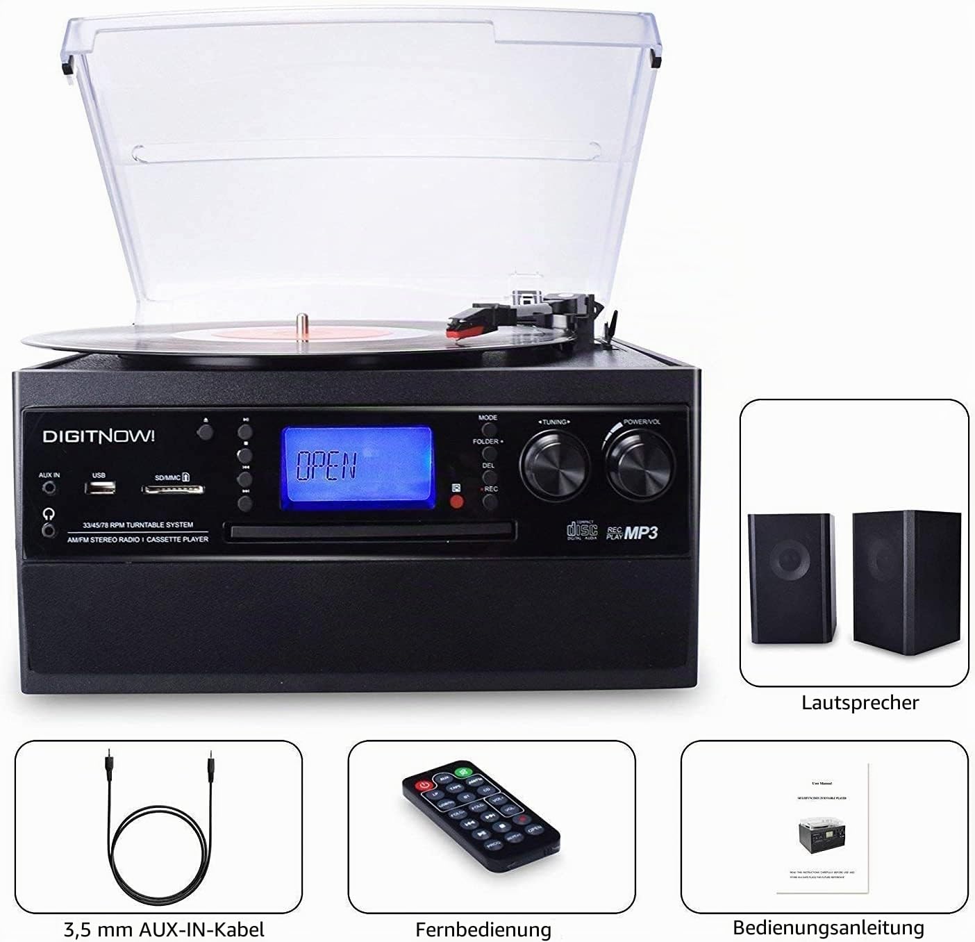 DIGITNOW! Bluetooth Viny Plattenspieler Plattenspieler für CD, Kassette, AM/FM Radio und Aux In, USB-Anschluss und SD-Codierung, Fernbedienung, mit eigenständigen Stereo-Lautsprechern