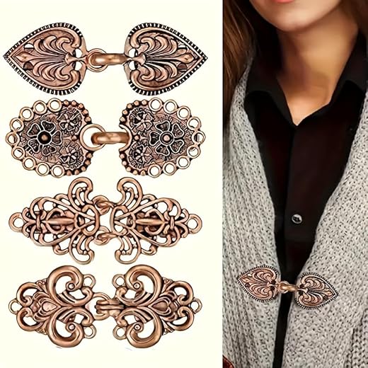 4 Pcs Vintage Zinc Alloy Rotating Sweater Clips - Elegant Floral/Filigree Collar Holders for Cape, Cardigan & Shawl, Non-Slip Clothing Closures for Women