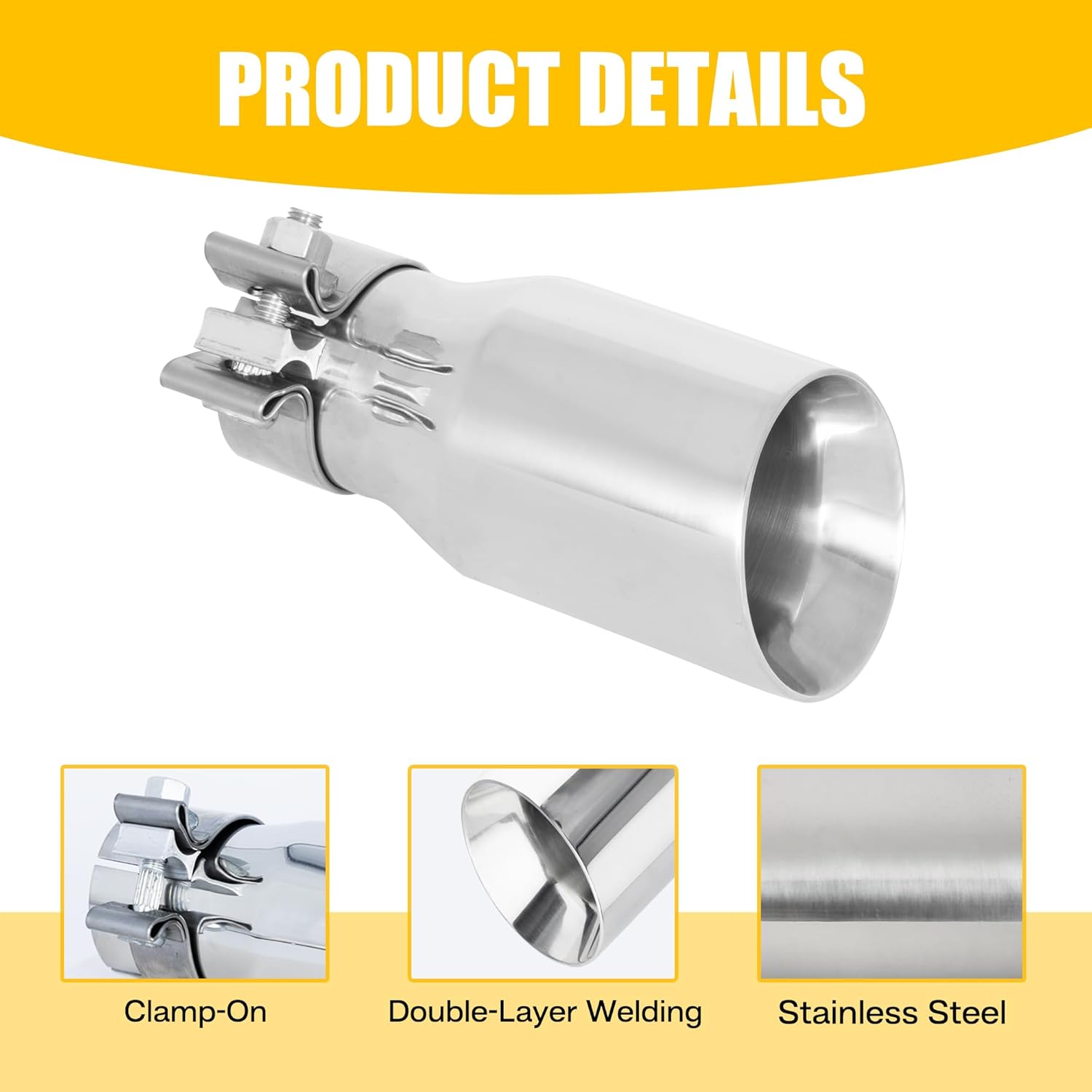304 Stainless Steel Car Exhaust Tip, 2.5" Inlet, 4" Outlet, 9" Overall Length, Polished Dual-Layer Slant Cut Design, Clamp-On for 2.5-Inch Outside Diameter Tailpipe