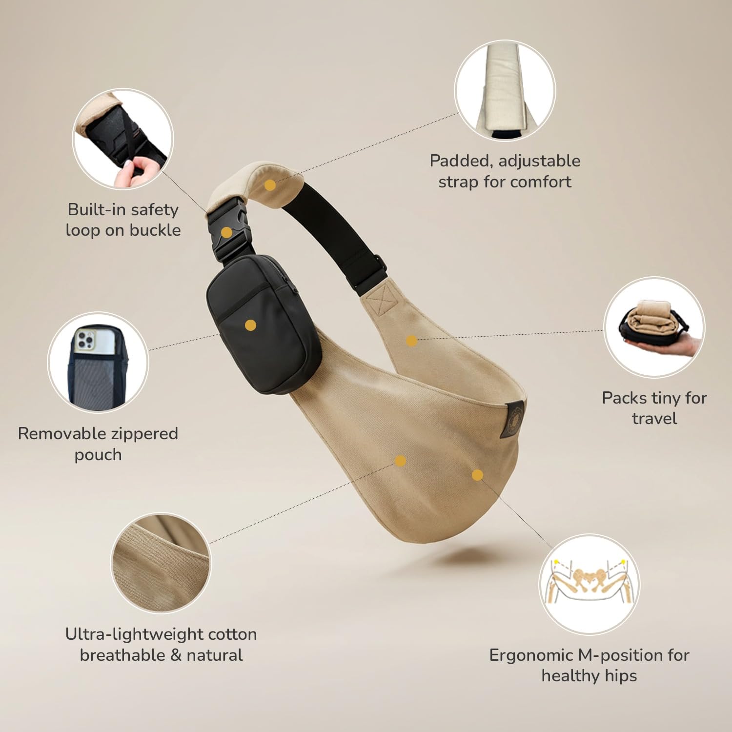 LizaBloom Baby Sling Carrier, Toddler Carrier 15–44 lbs with Adjustable Padded Shoulder Straps, Non-Slip Support, Removable Zippered Pouch, Side Sling Baby Carrier, Lightweight & Travel-Friendly