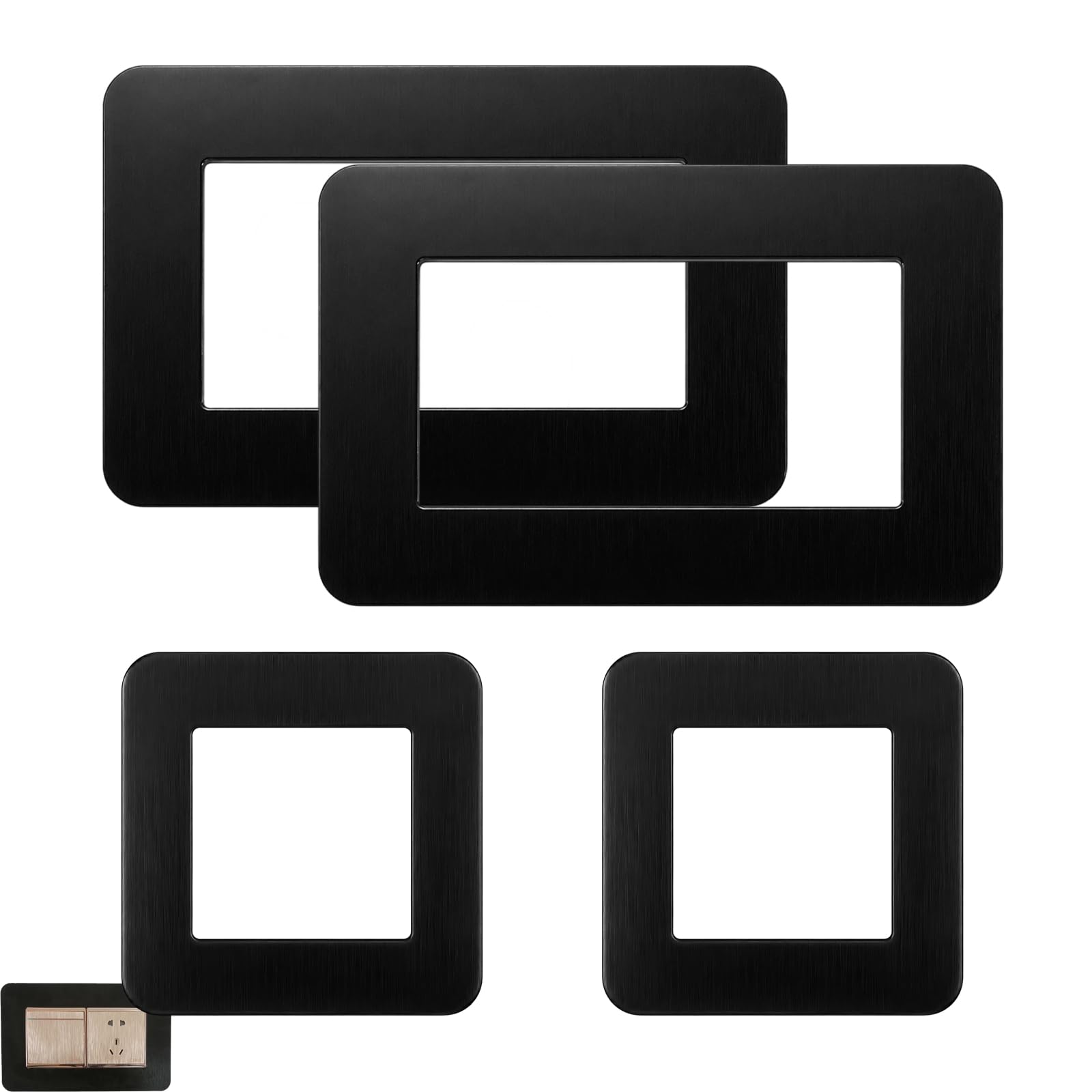 4Pcs Double Socket Surround and Switch Plate Set, 2 Small (8.6x8.6cm) and 2 Large (9x17.5cm) Socket Surround in Black, Plug Socket Surround Plates for Home