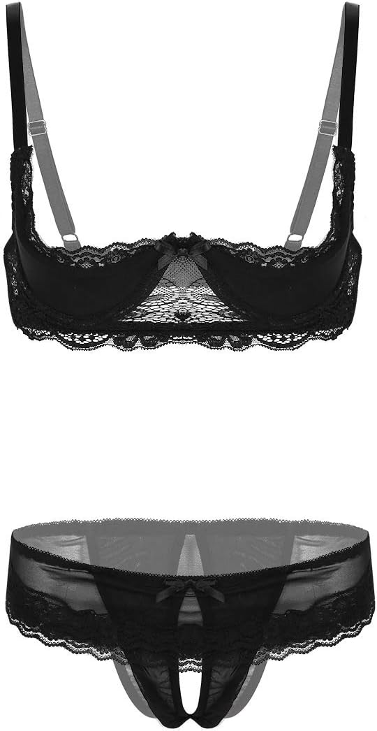 JEATHA Women's Sheer Lace Bikini Outfit 1/4 Cup Push Up Bra Top with Low Rise Panties Briefs Underwear