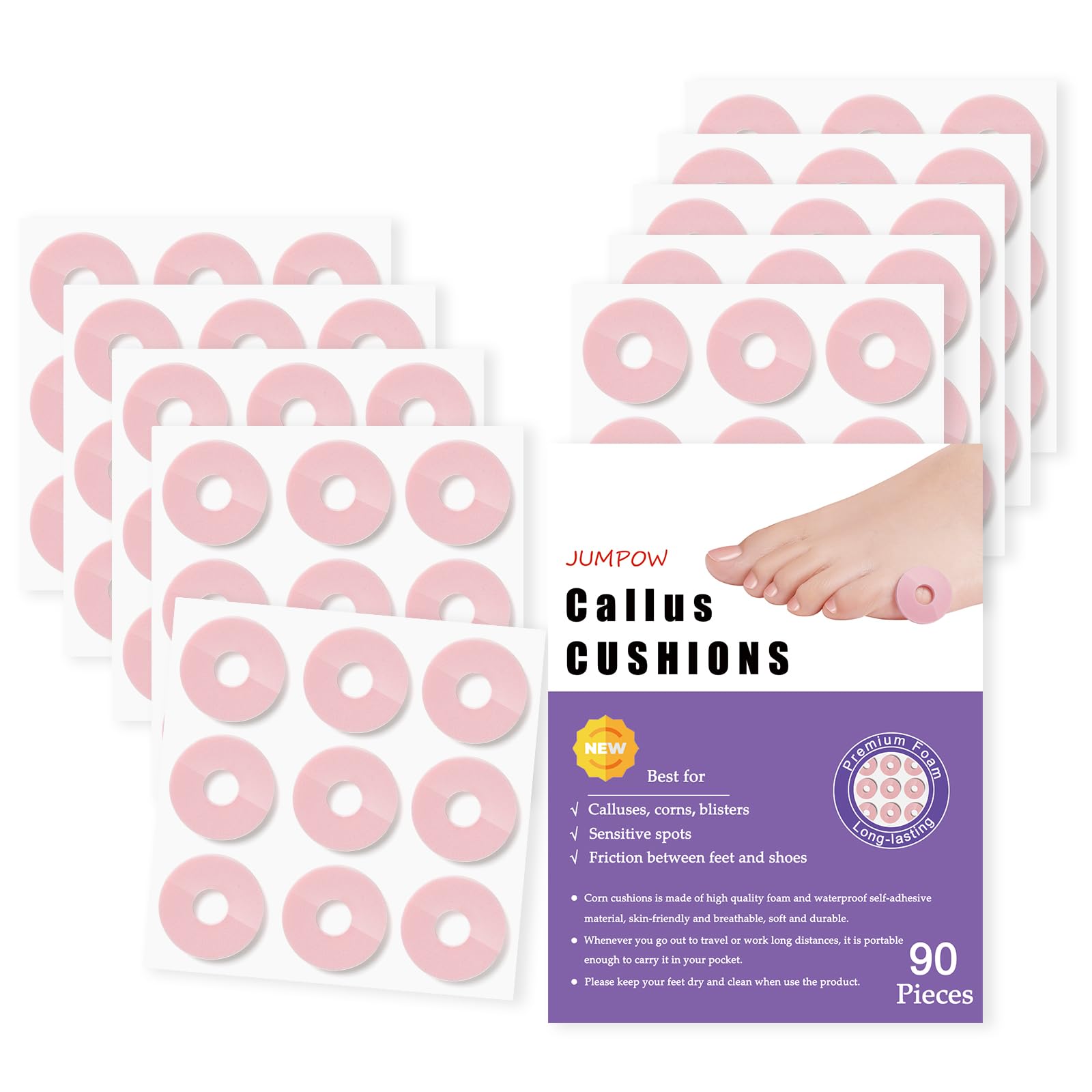 JUMPOW Corn Cushions, Corn Removers for Feet, Oval Callus Pads, Soft Foam Callus Cushions, Corn Protectors, Self-Stick Adhesive Cushions, Relief