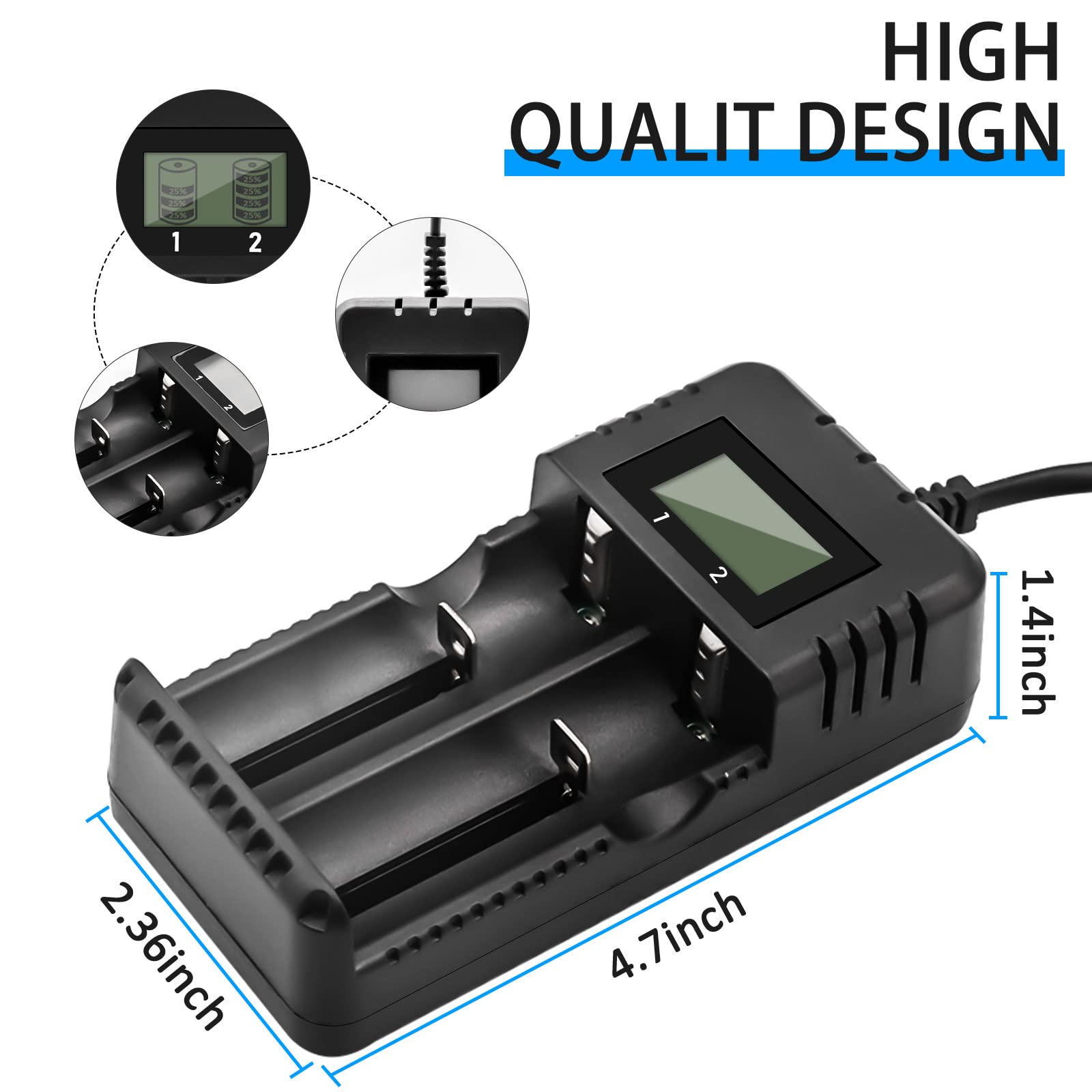 Chargeur de Batterie Chargeur de Batterie au Li-ION à LCD Affichage Charge Rapide Intelligente Tête à 2 Fentes Compatible avec Une variété de Batteries Li-ION 3,7 V 26650/18650/14500/16340